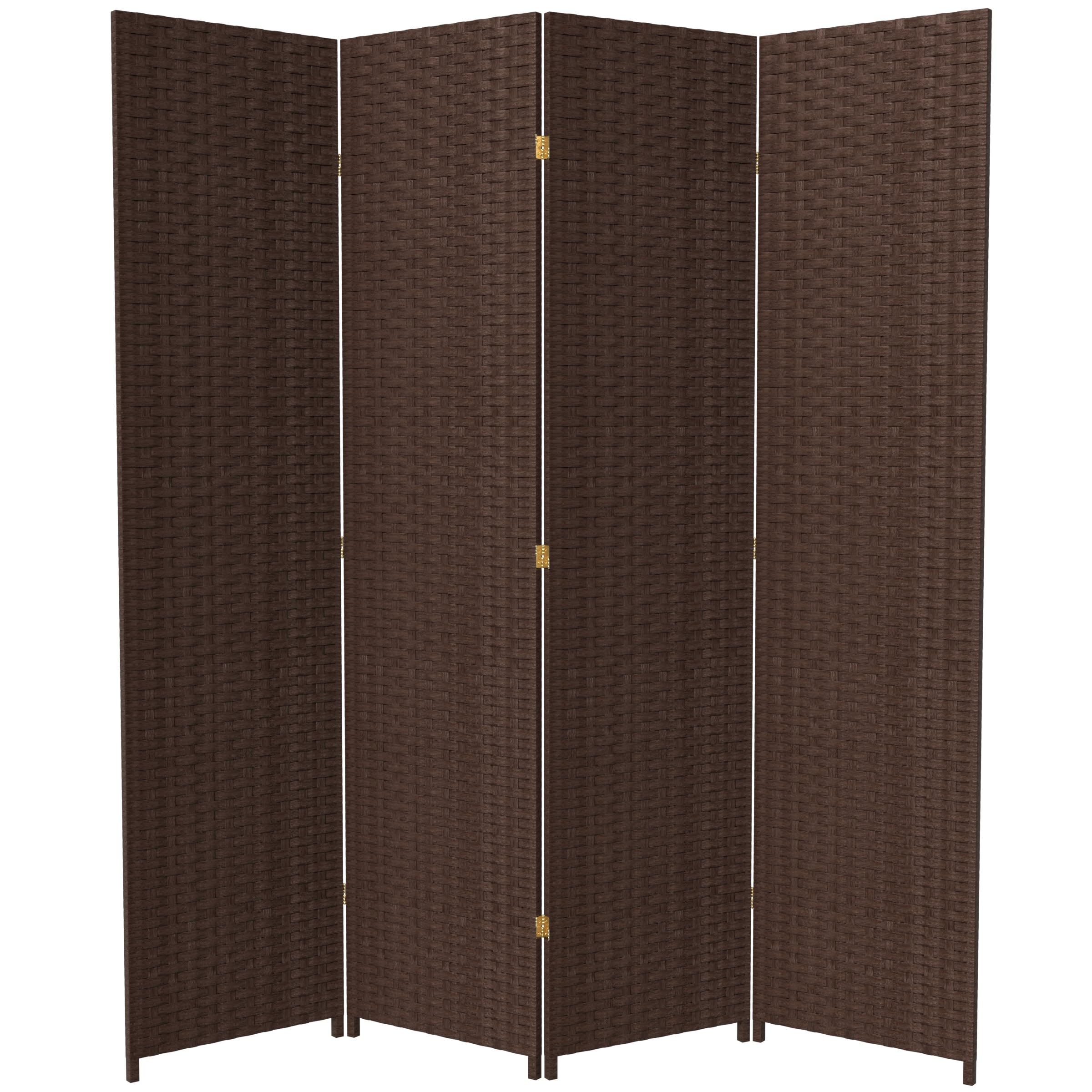7 ft Tall Woven Fiber Red Lantern Room Divider - Dark Mocha 4 Panel Folding Screen for Home Decor, Office Partition & Asian-Themed Events
