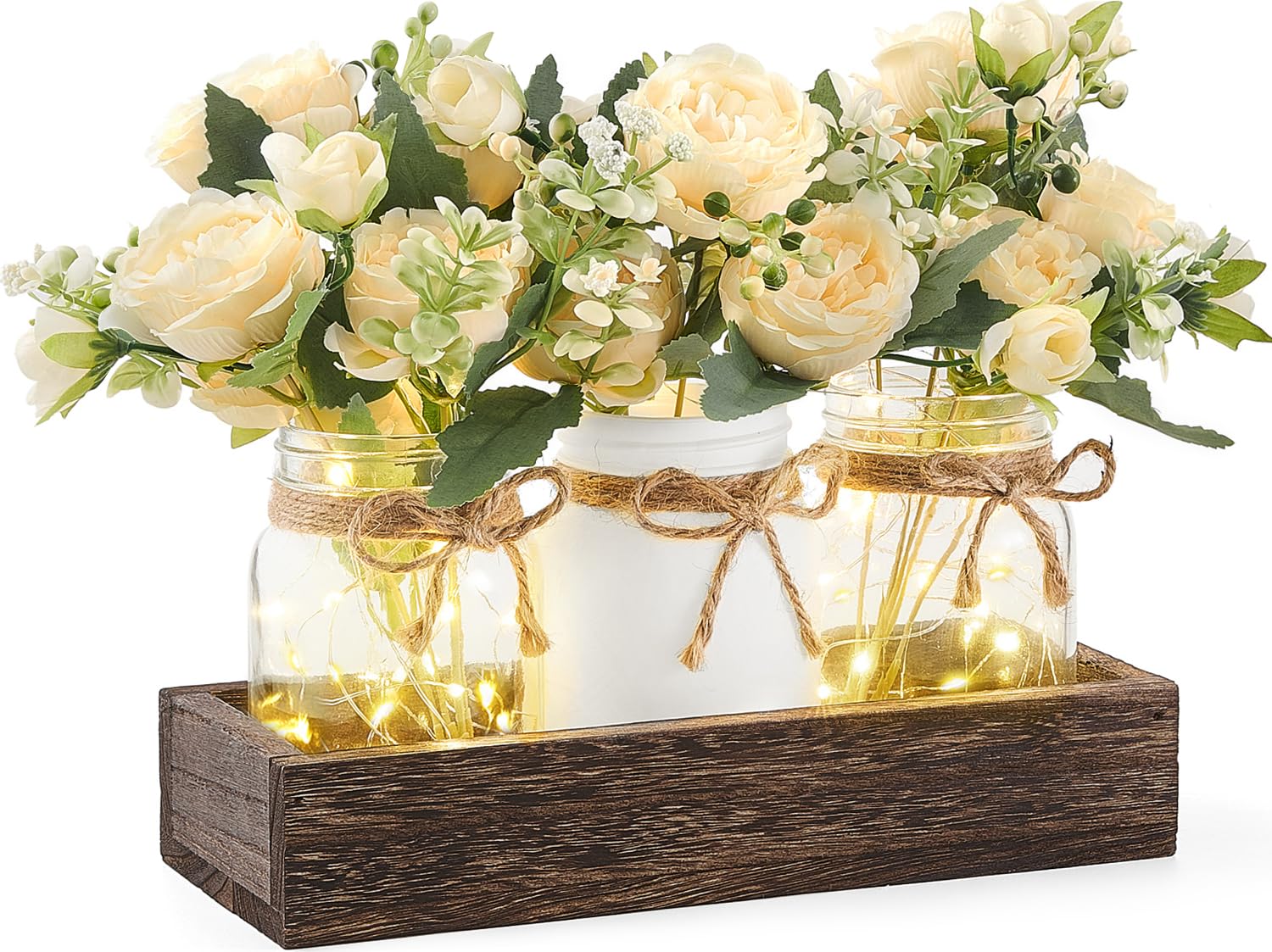 Mkono Farmhouse Mason Jar Lights with Wood Tray - 3 Jars Floral Centerpiece for Dining Table, Kitchen, Living Room Decor | Rustic Wedding, Spring Party & Home Decoration