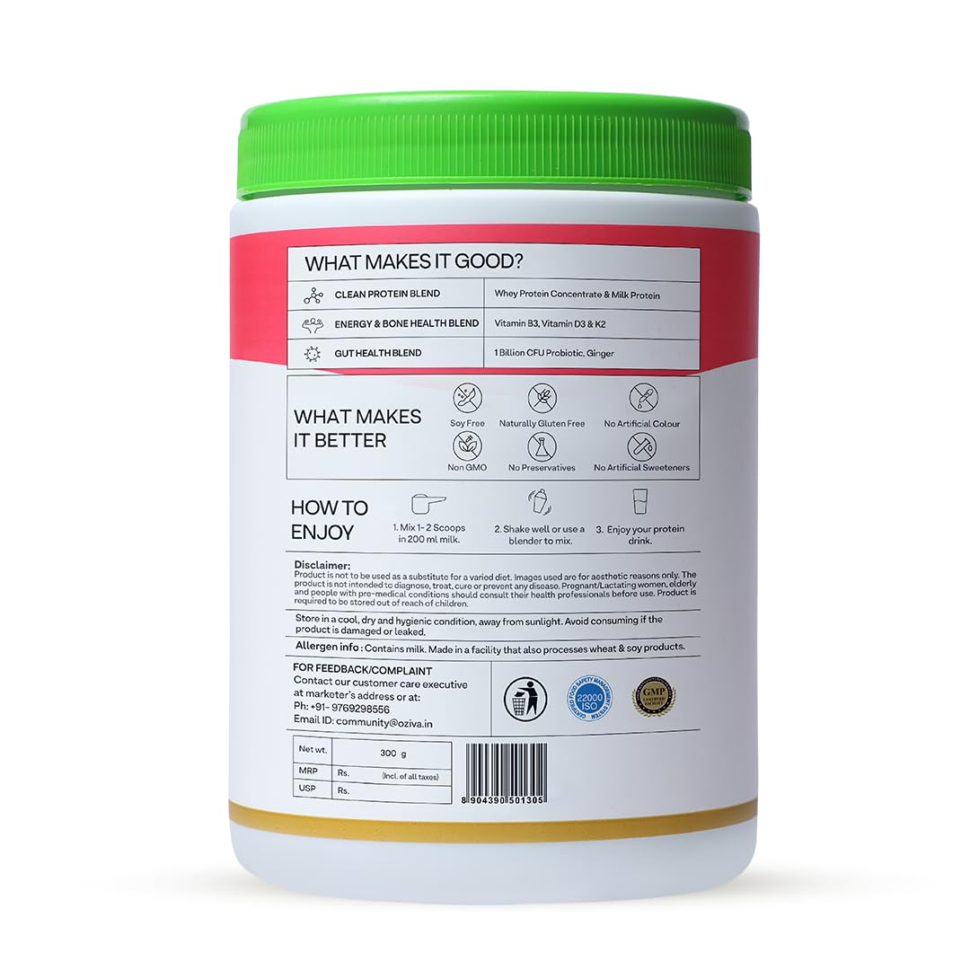 OZiva Daily Protein Activ for Women - Clean Protein Powder with Tulsi & Probiotics for Energy, Bone Health & Hormonal Balance - Chocolate Flavor (300g + Free Green Shaker) - Perfect for Post-Workout Recovery & Healthy Lifestyle