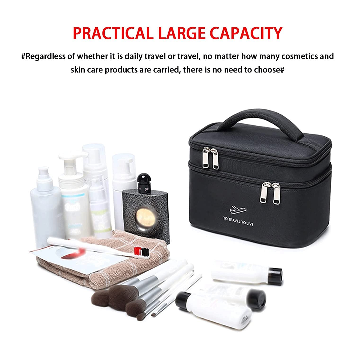 Double Layer Large Capacity Waterproof Makeup Bag for Women - Travel Toiletry Organizer with Washable Storage (22x15x25.5cm) - Perfect for Vacation, Gym & Daily Cosmetics Organization (Color A)