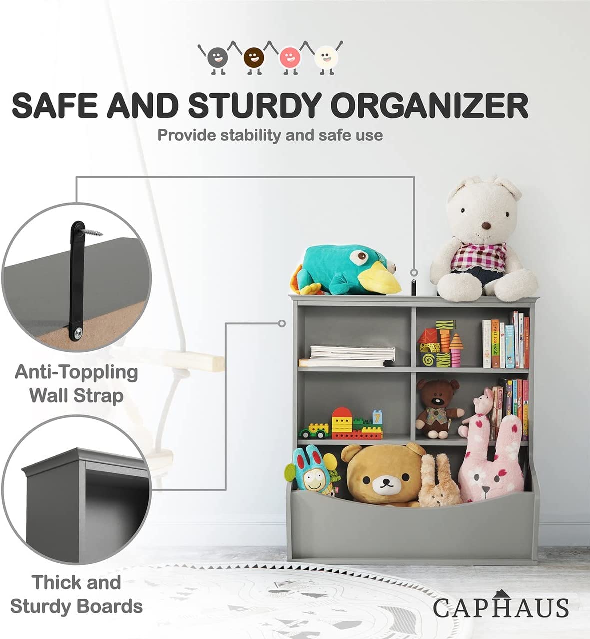 Fencer Kids Bookshelf with Toy Storage Cubbies & Cabinet - Sturdy Wooden Organizer for Bedroom, Playroom, Hallway & Kindergarten - Perfect for Books, Toys & Learning Supplies Storage