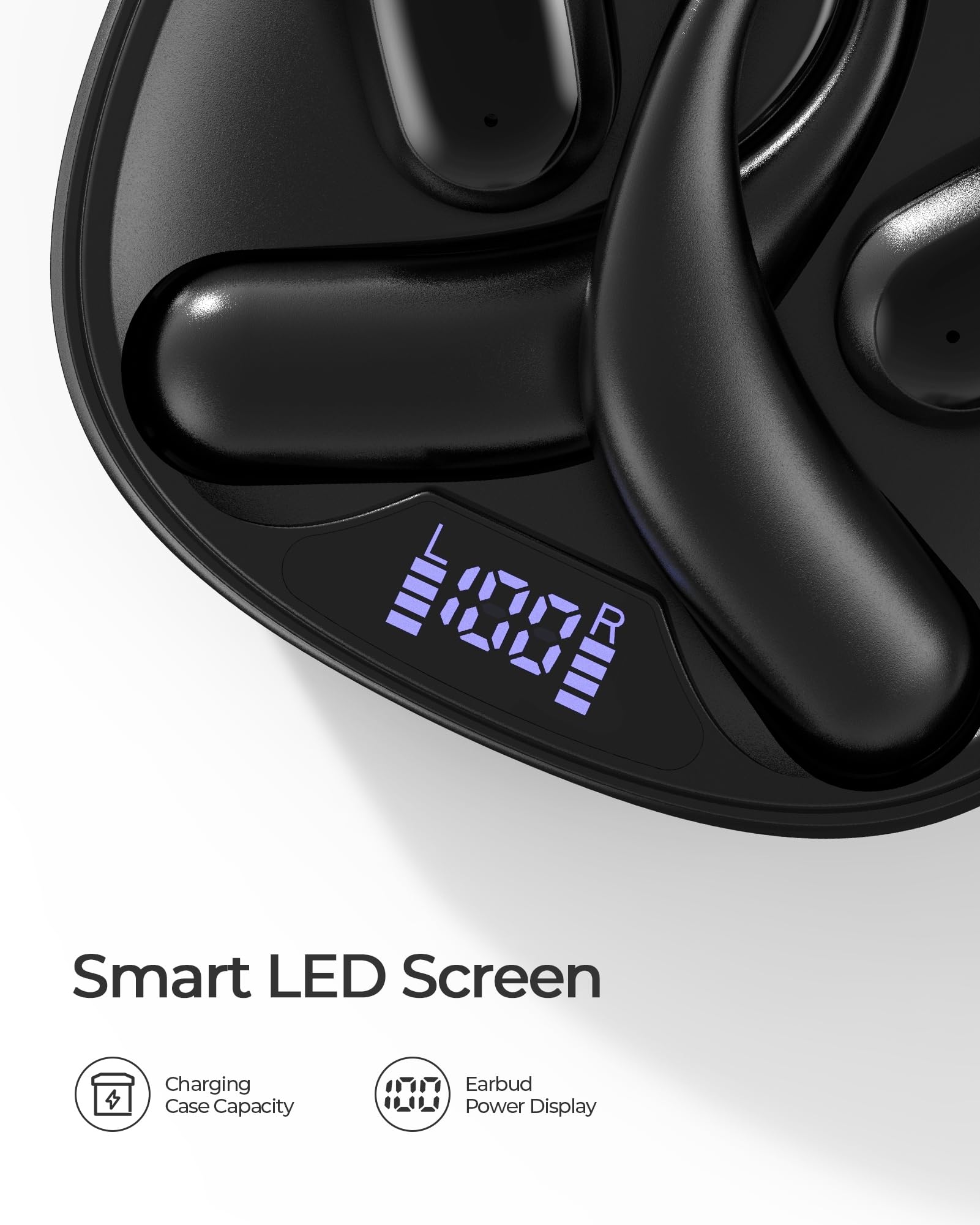 Open Ear Bluetooth Headphones 5.3 Wireless Earbuds with Earhooks - 60H Playtime, Fast Charge, Sweatproof Sport Earphones w/Digital Display Case for Running, Gym & Workout (Black)