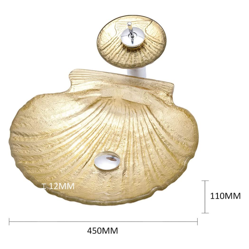 Gold Shell-Shaped Tempered Glass Vessel Sink for Bathroom - Artistic Above Counter Bathroom Sink with Waterfall Faucet & Drain - Perfect for Modern Vanities, Spa-Like Bathrooms & Luxury Home Decor