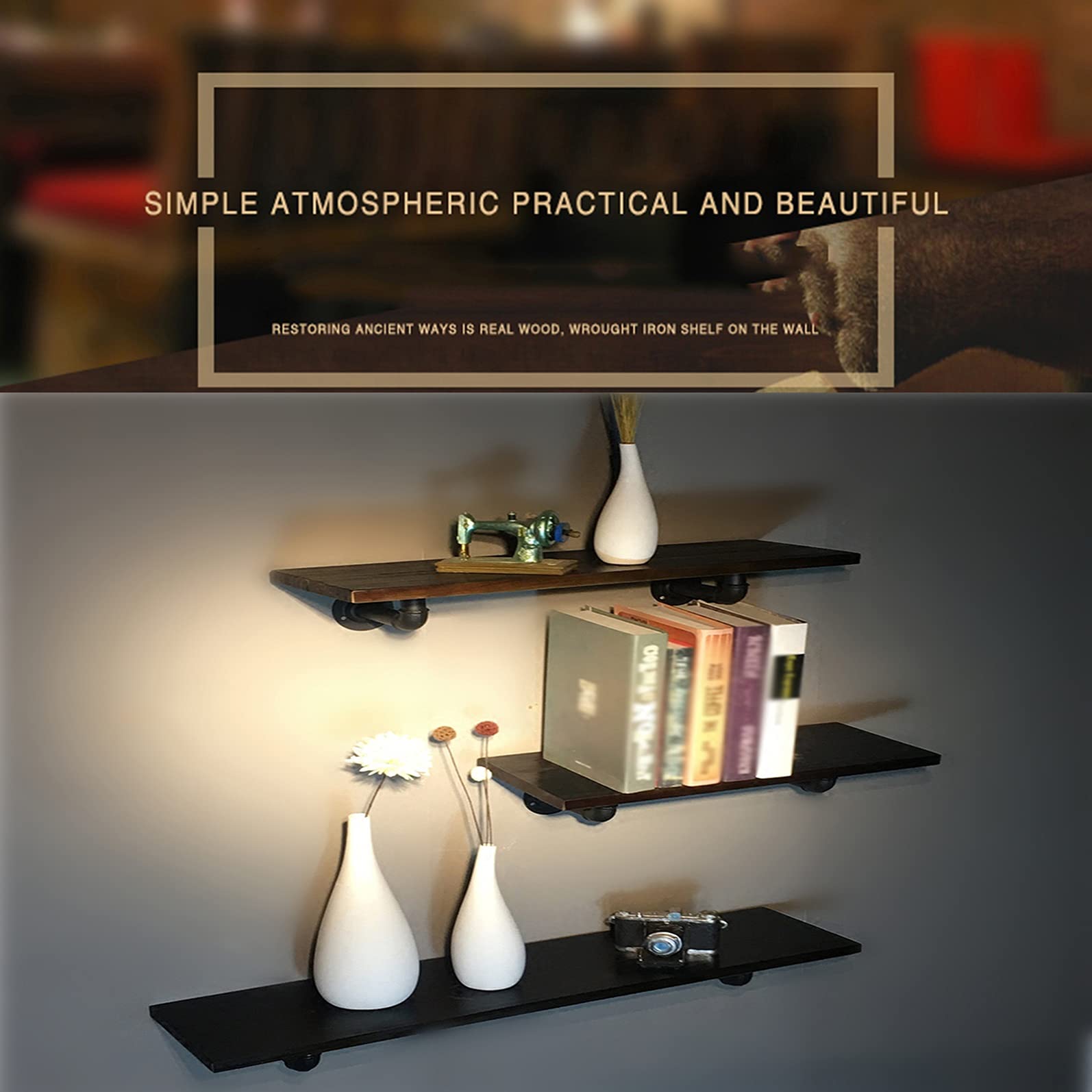 Industrial Pipe Floating Shelves - Rustic Wood Wall Mounted Bookshelf & Display Rack (40cm) | Perfect for Living Room Decor, Bedroom Storage & Kitchen Organization