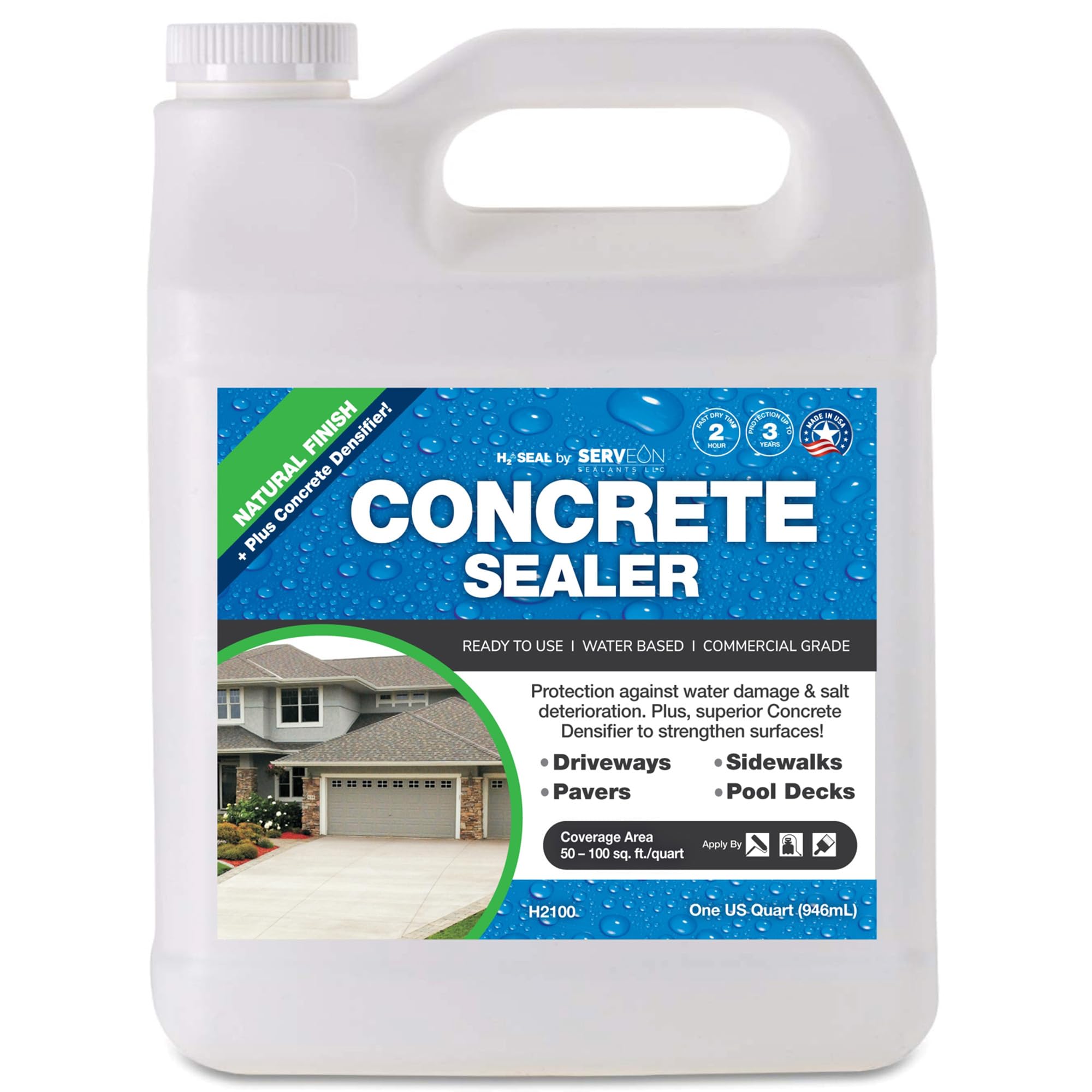 Commercial Grade Concrete Driveway Sealer Plus Penetrating Densifier - Clear Natural Finish Waterproof Sealant for Pavers, Sidewalks & Pools | Indoor & Outdoor Use | 1 Quart H2100 | Protects Against Weather & Wear