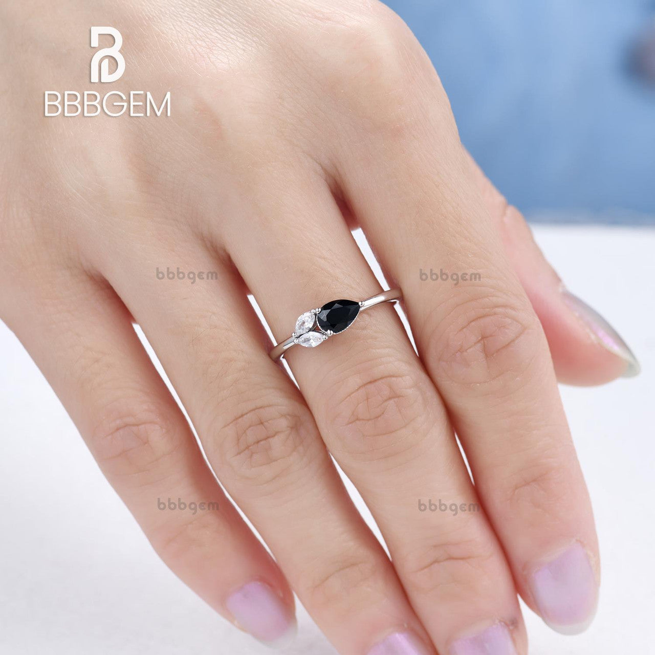 Petite Black Onyx Pear & White Moissanite Marquise Stacking Ring - Asymmetrical East-West Set for Women - Perfect for Layering, Wedding Bands, and Everyday Elegant Jewelry