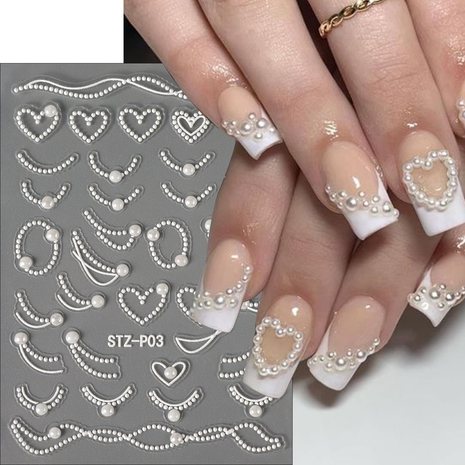 2 Sheets 5D Embossed French Pearls Nail Art Stickers with Heart Designs - DIY Valentines Nail Decals for Women & Girls - Perfect for Acrylic Nails, Valentine's Day Parties & Romantic Date Nights