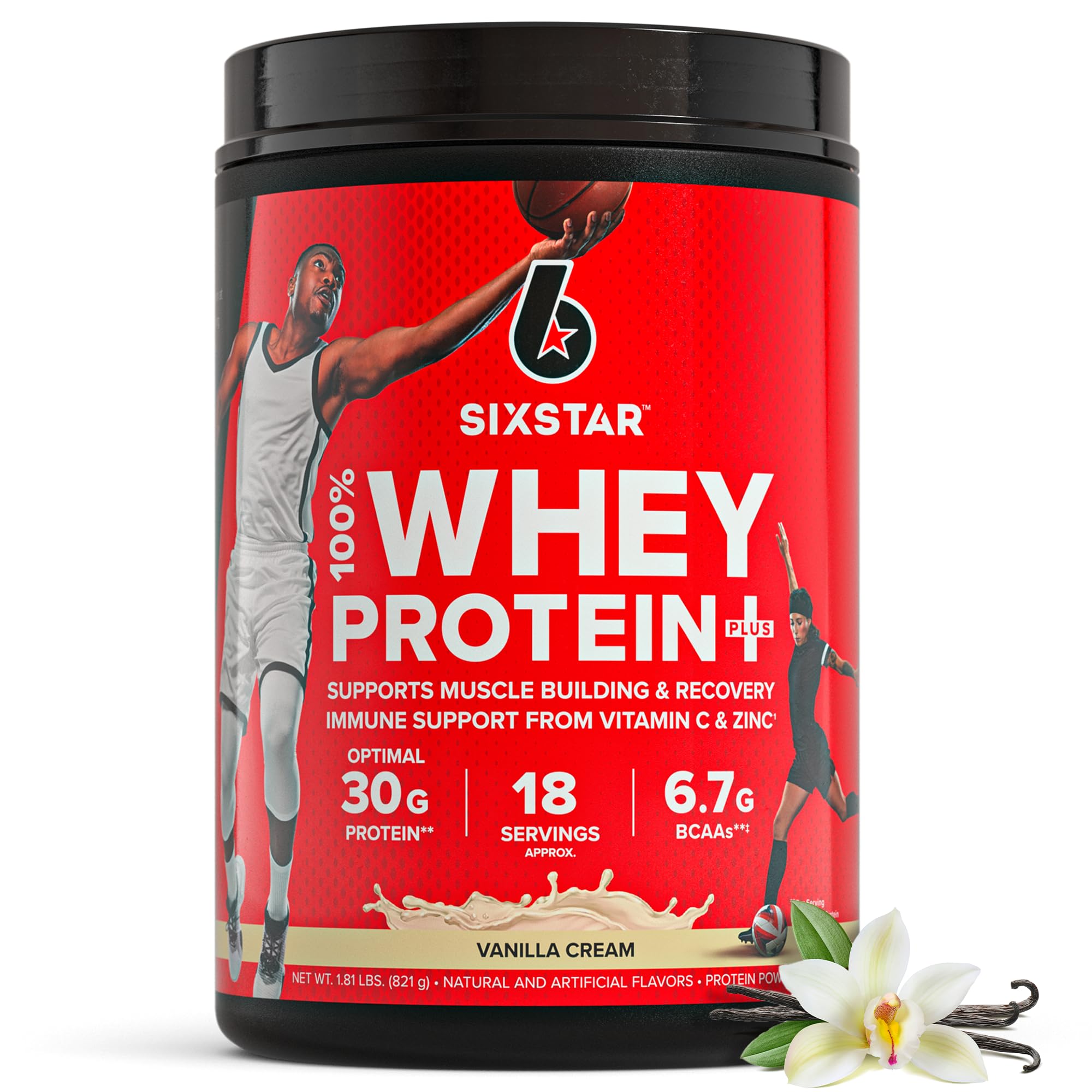 Six Star Whey Protein Powder Plus - Premium Muscle Building & Recovery Formula with Whey Isolate, BCAAs, 30g Protein per Serving - Supports Immune System & Post-Workout Recovery - Vanilla Cream Flavor, 1.8 lb (816g) - Ideal for Gym Workouts, Weight Training & Fitness Enthusiasts