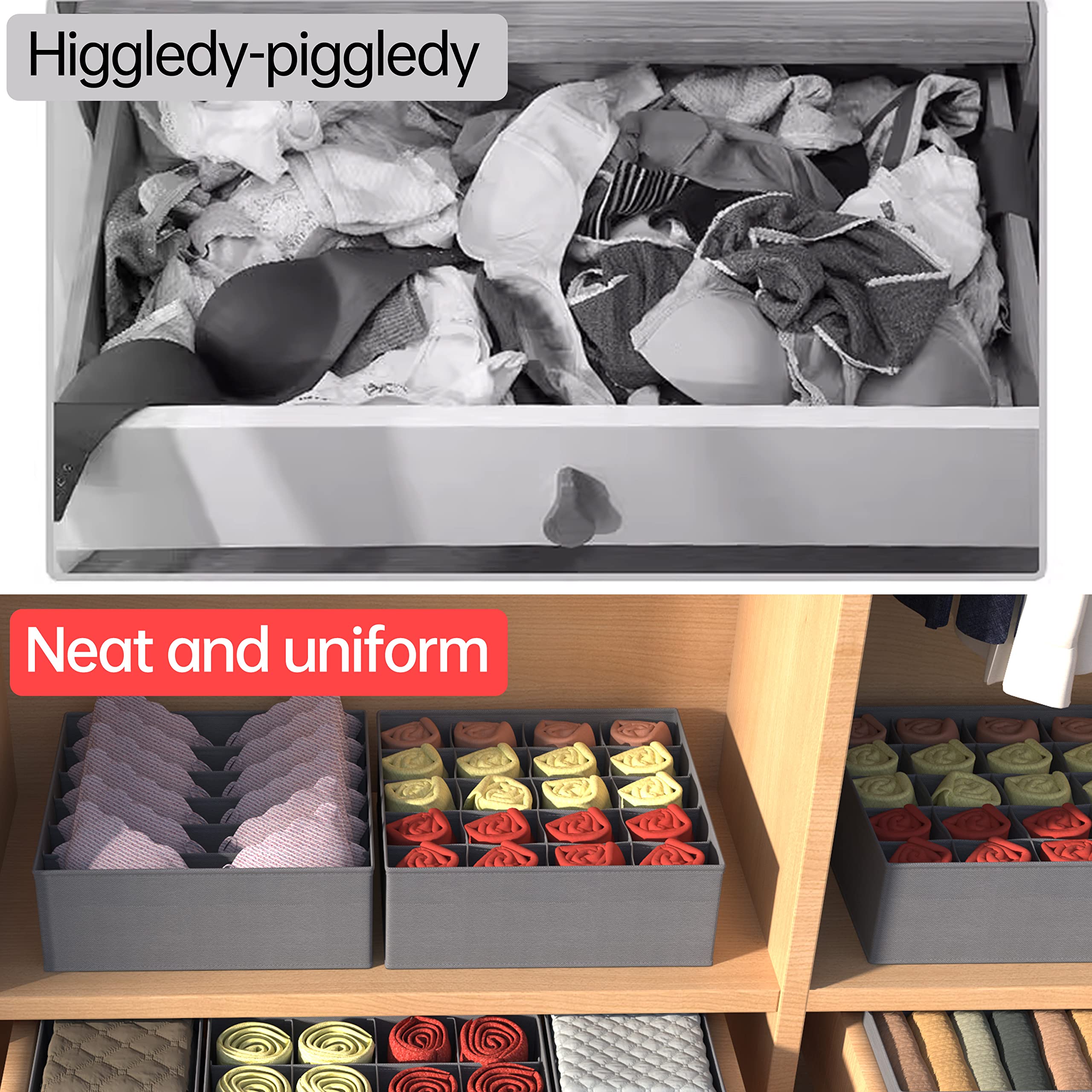 Foldable Fabric Drawer Organizer for Underwear, Socks, Bras & Accessories - Grey Storage Bin for Dresser, Closet & Bedroom Organization