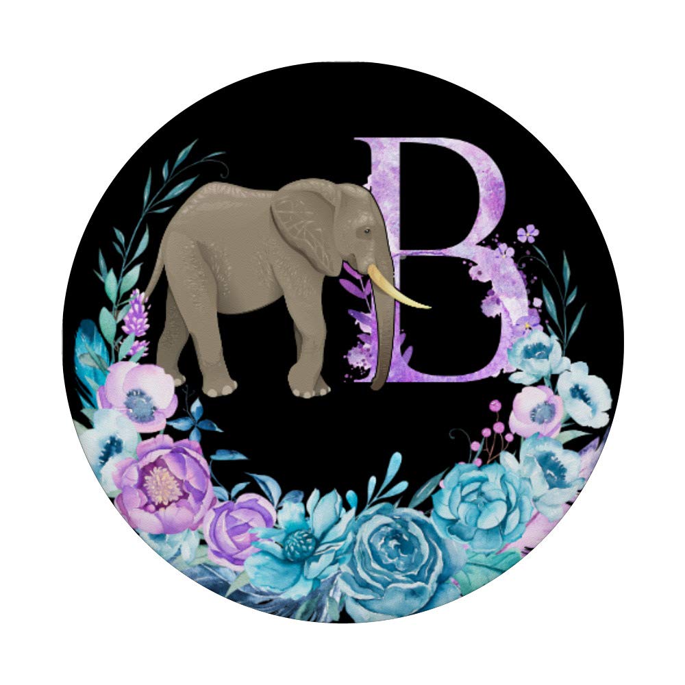Optimistic Elephant Boho Lilac Flowers Monogram Letter B PopSockets Phone Grip & Stand - Compatible with iPhone, Samsung, iPad & Tablets - Perfect for Home, Office & Travel Use