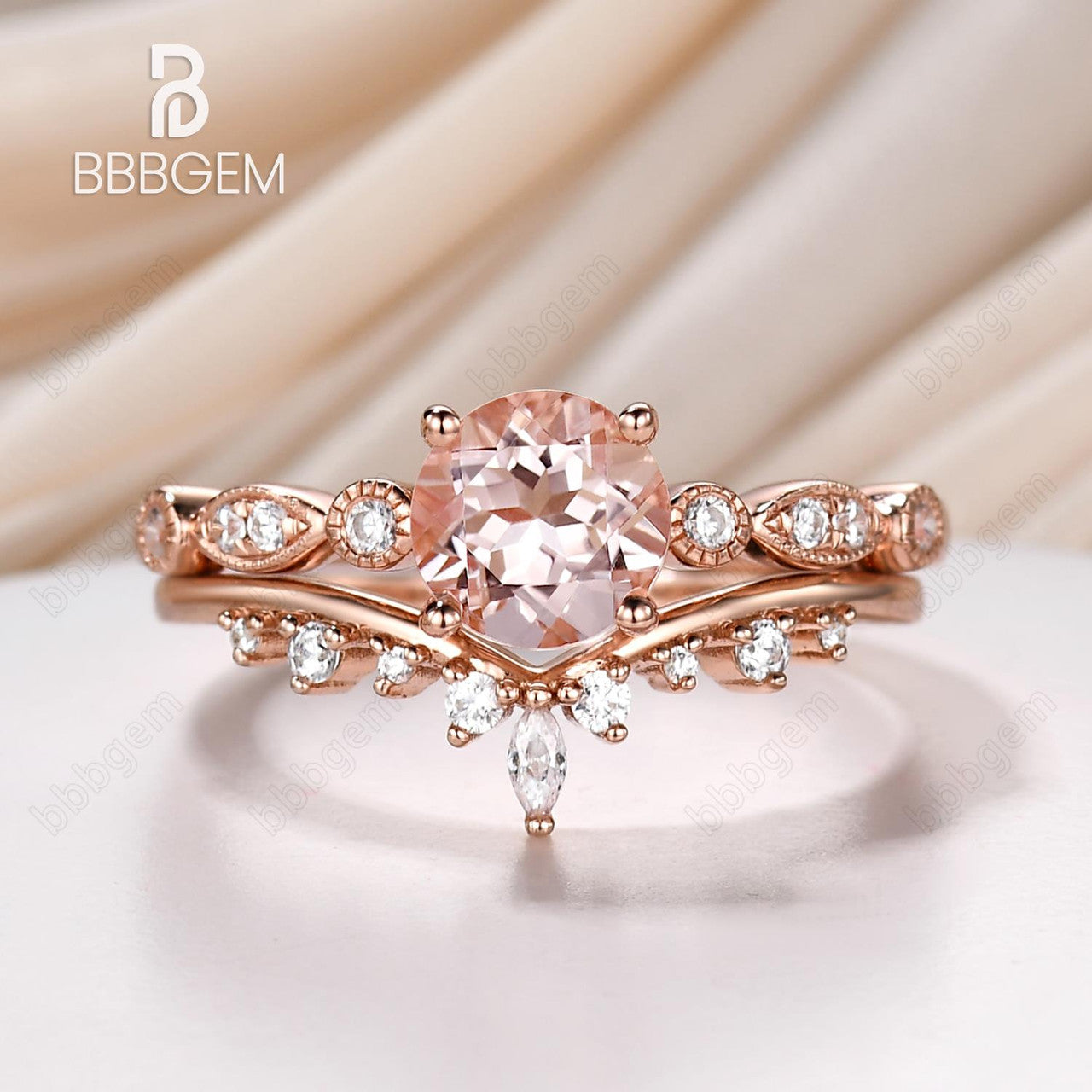 6.5mm Round Natural Morganite Engagement Ring Set in 14k Rose Gold with Curved Diamond Stacking Band – Vintage Inspired Bridal Jewelry for Weddings, Anniversaries & Romantic Occasions