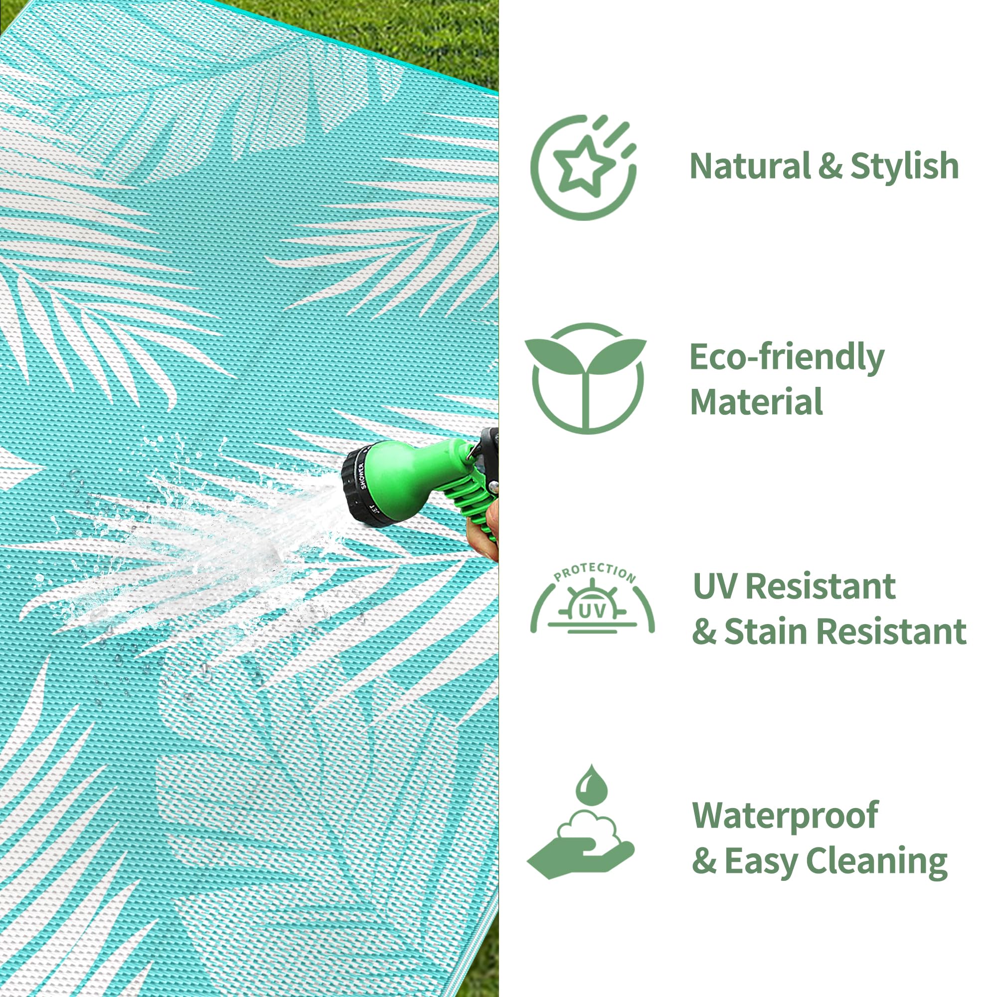 GENIMO 5' x 8' Waterproof Outdoor Rug - Reversible Plastic Straw Camping Mat for Patio, Deck, RV, Picnic & Backyard - Aqua Blue & White Design - Perfect for Outdoor Gatherings, Beach Trips and Camping Adventures