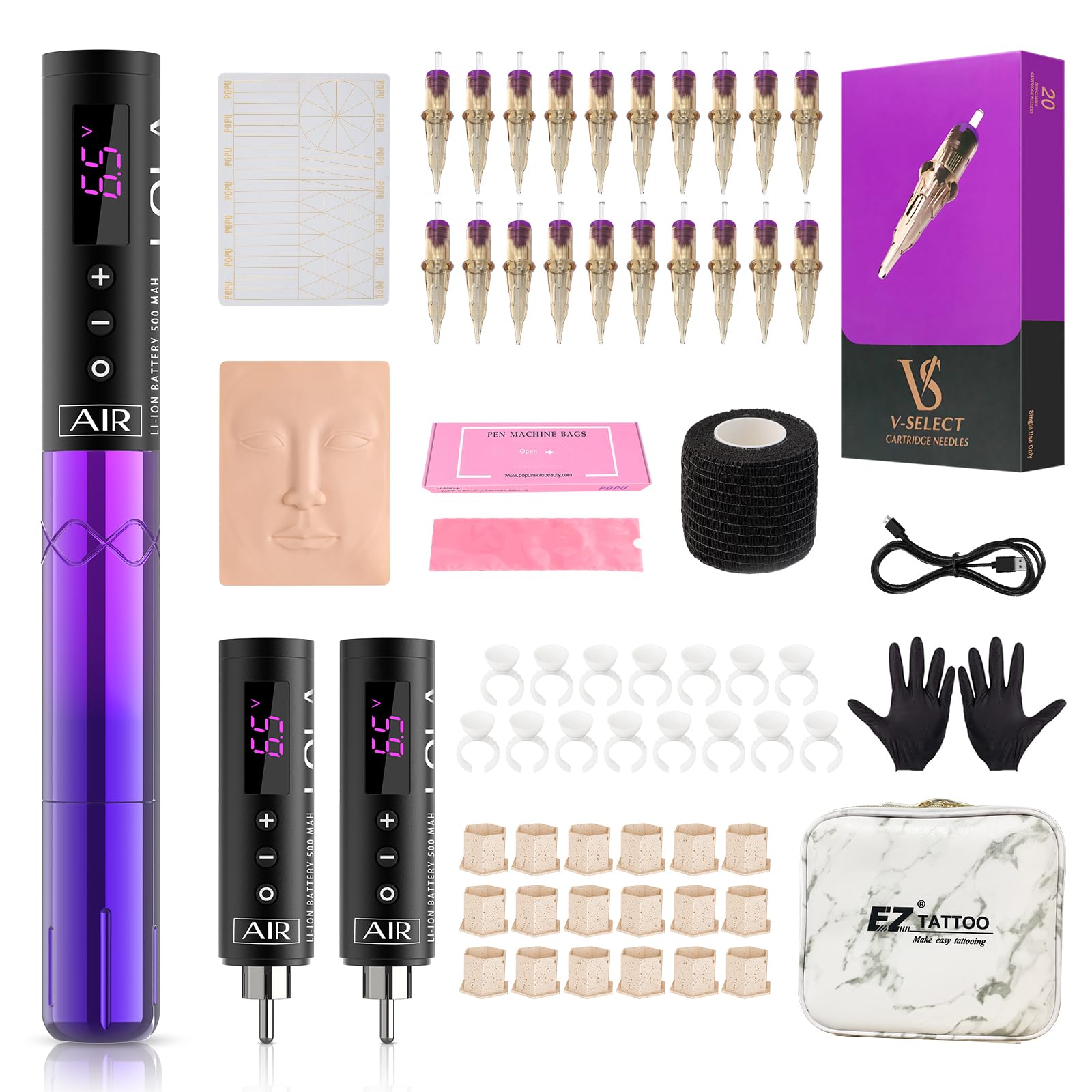 Professional EZ Tattoo Kit - Complete Permanent Makeup Machine Pen with 3 Rechargeable Batteries for Beginners & Women Artists | Lola Air Purple Gradient | Perfect for Home Tattoo Practice & Professional Studio Work