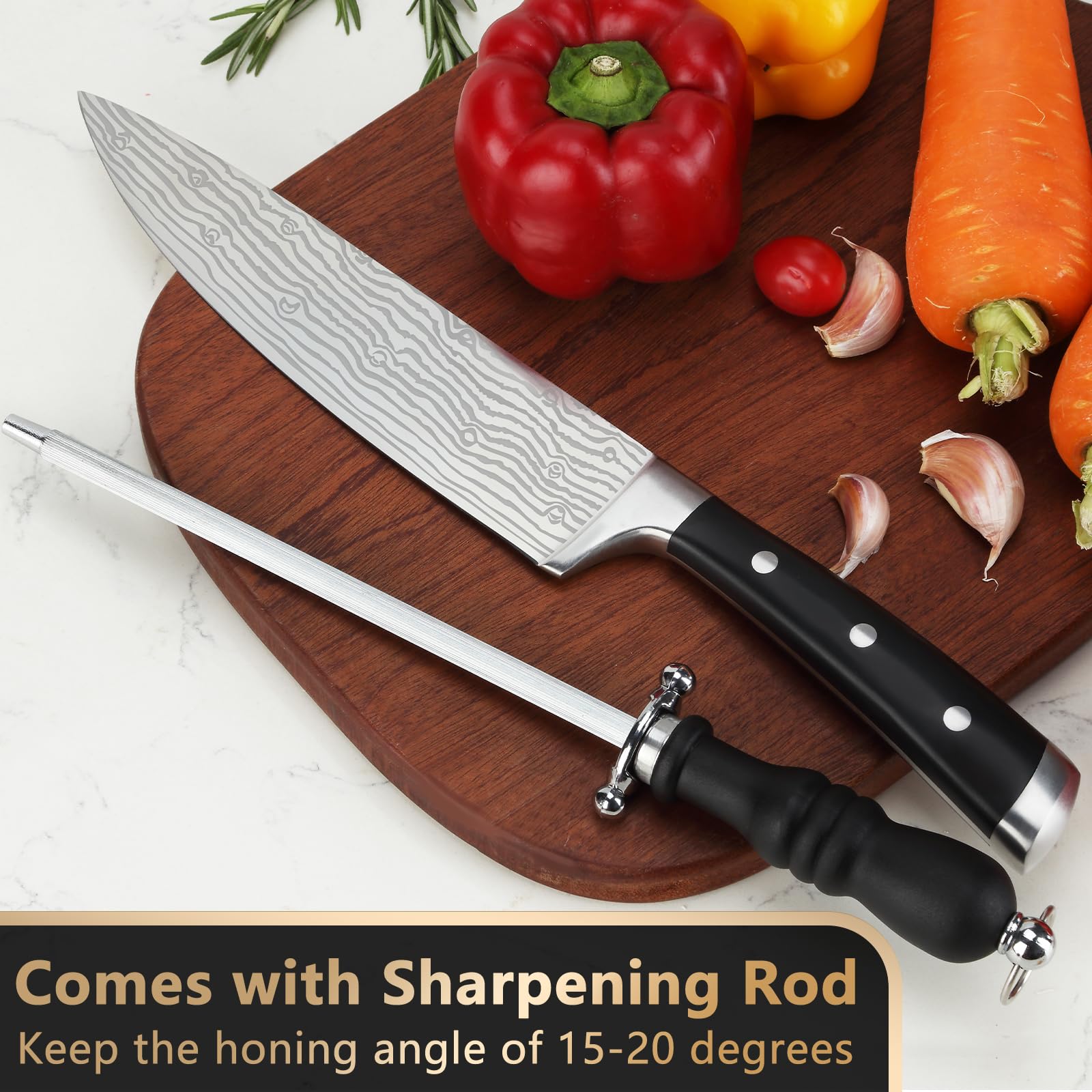 BEWOS 8.3-Inch Professional Chef Knife Set with Sharpener - Ultra Sharp Stainless Steel Kitchen Knives for Cooking, Slicing & Chopping - Ergonomic Handle & Gift Box - Perfect for Home Chefs & Professional Kitchens
