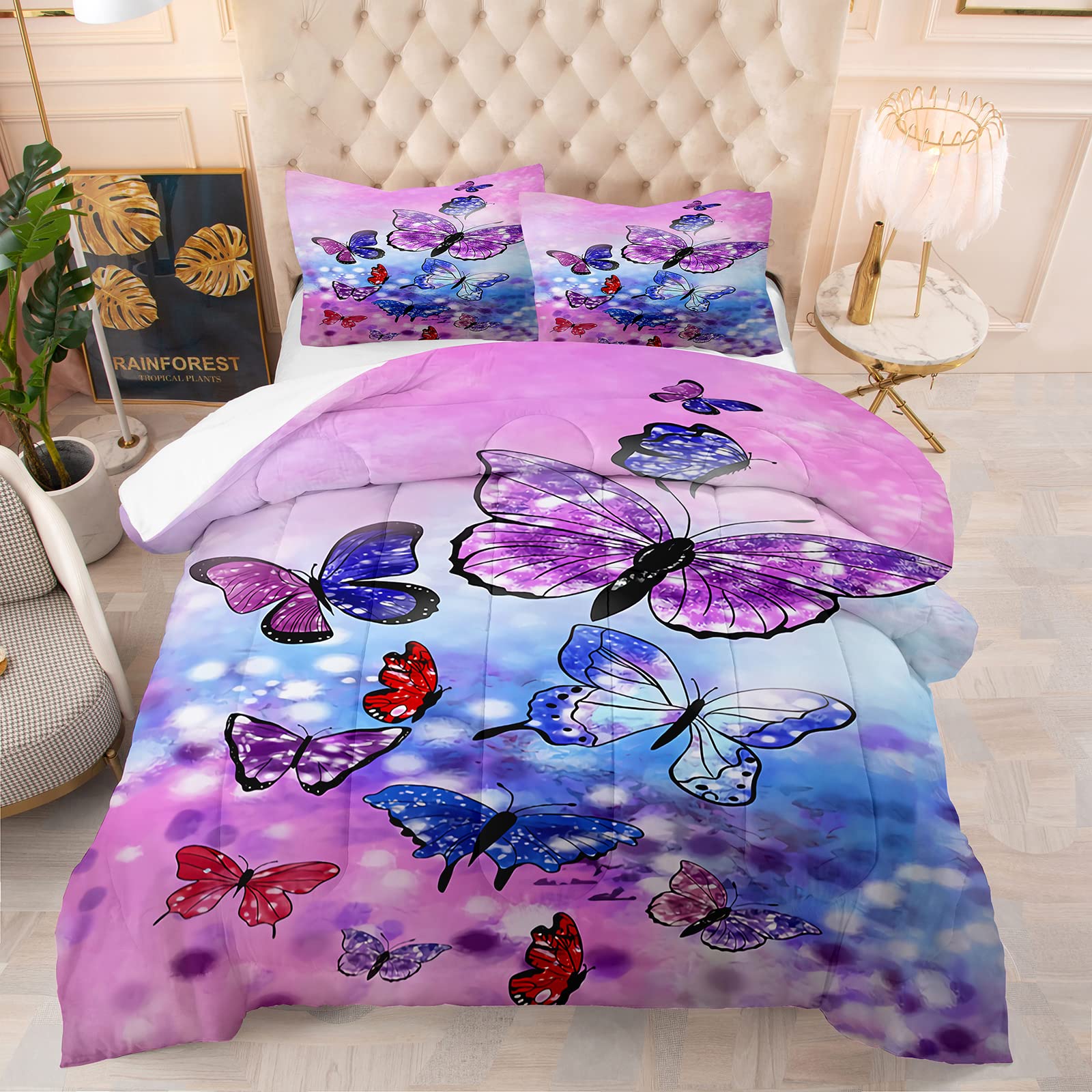 Butterfly Comforter Set King Size - Ultra Soft Microfiber Pink & Blue Flying Butterflies Bedding for Girls, Kids & Adults - Includes 1 Comforter & 2 Pillowcases - Perfect for Bedroom Decor, Kids Room, Guest Room & Dormitory