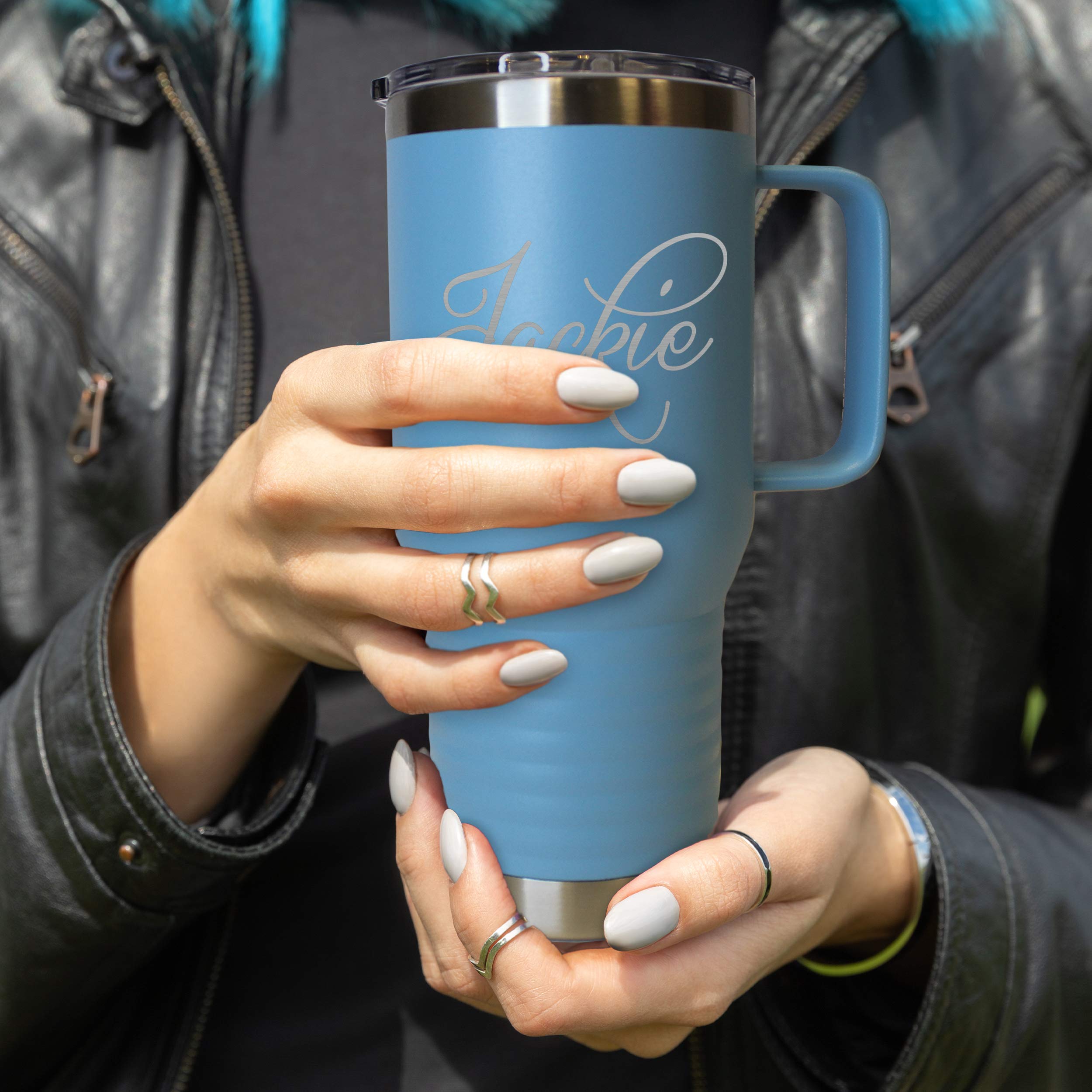 Custom Personalized 20oz Stainless Steel Powder Coated Vacuum Insulated Travel Tumbler - Double Wall Coffee Mug with Handle & Lid (Carolina Blue) - Perfect for Office, Camping & Commuting