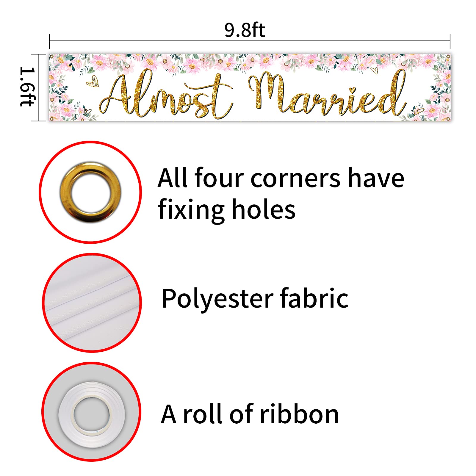 Almost Married Large Banner Sign - 9.8 x 1.6 Ft Wedding Rehearsal Dinner Decor, Engagement Party Sign for Bridal Shower, Bachelorette & Wedding Celebrations - Perfect for Photo Backdrops & Venue Decorations