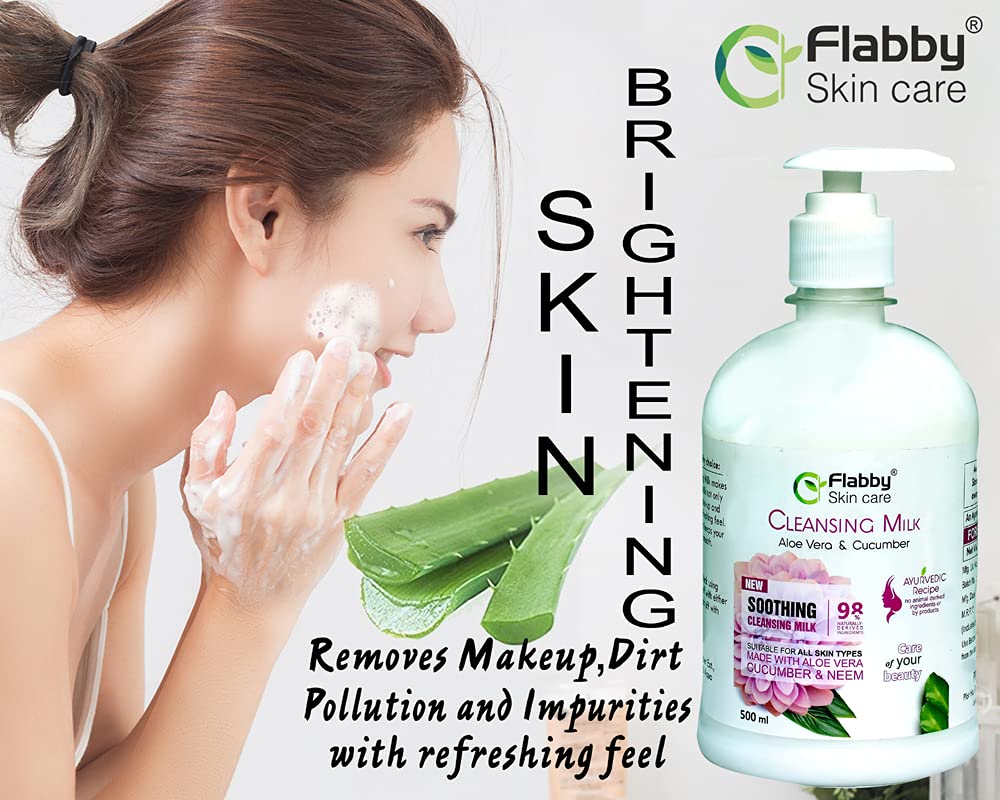 Flabby Skin Care Aloe Vera & Cucumber Cleansing Milk - 500ml | Gentle Face Wash for Dry & Sensitive Skin | Perfect for Daily Skincare Routine & Post-Workout Refreshment
