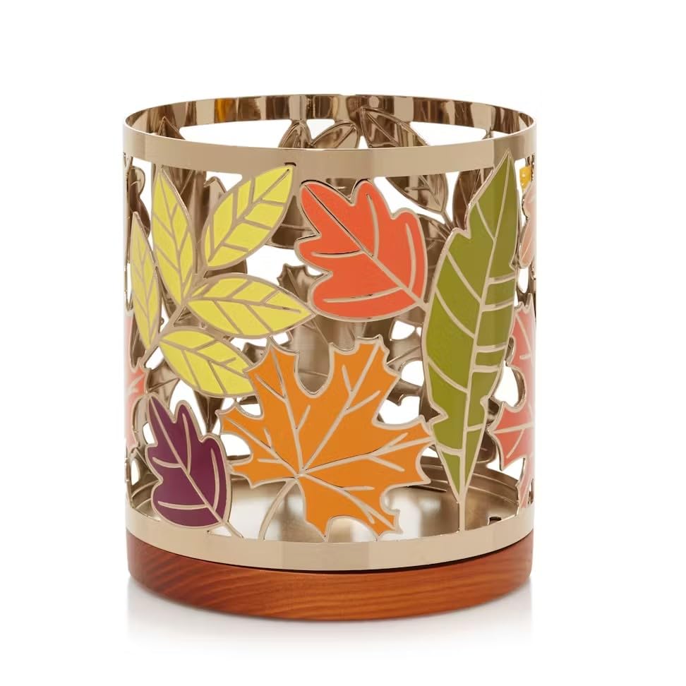 Autumn Leaves Large Classic Jar Candle with Metal Leaves Holder & Wooden Base - 2pc Yankee Candle Gift Set for Fall Home Decor, Thanksgiving Centerpiece & Cozy Ambiance