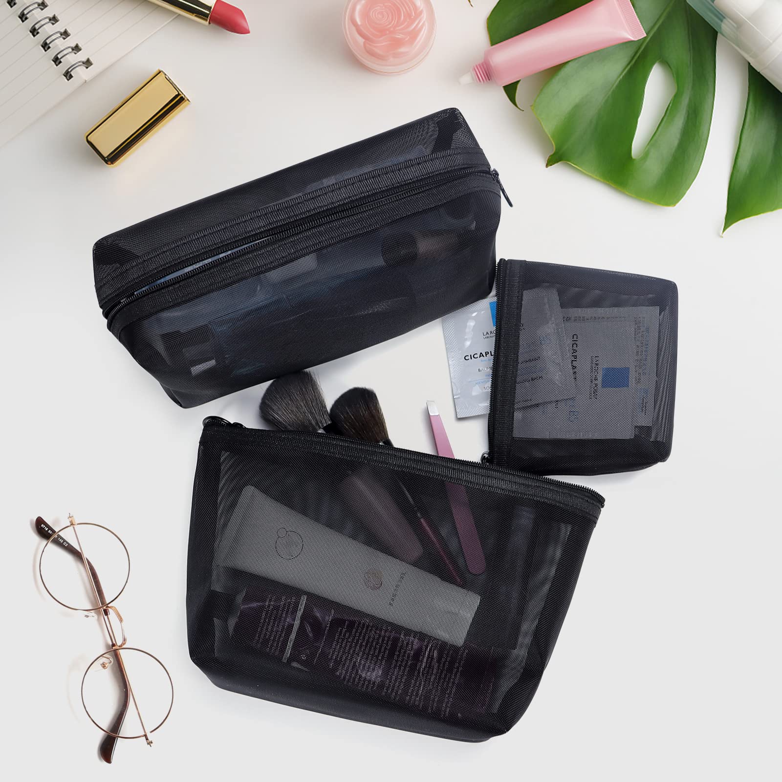 3Pcs Mesh Makeup Bags Set - Lightweight Travel Cosmetic Organizer with Zipper for Women & Men - Small Medium Large Toiletry Pouches for Home, Office, Gym & Vacation Accessories (Black) - Perfect for Makeup Brushes, Skincare Essentials & Travel Toiletries