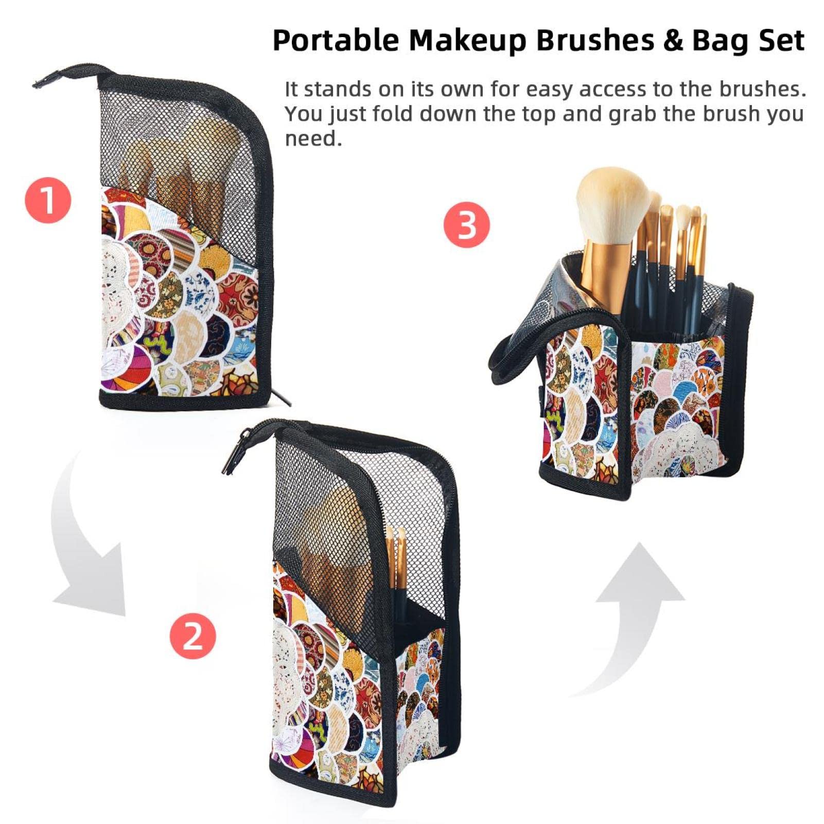 Premium Makeup Brush Organizer Bag with 12 Brushes - Abstract Mandala Flower Design - Portable Cosmetic Brush Holder Case for Travel, Home Vanity & Professional Makeup Artists