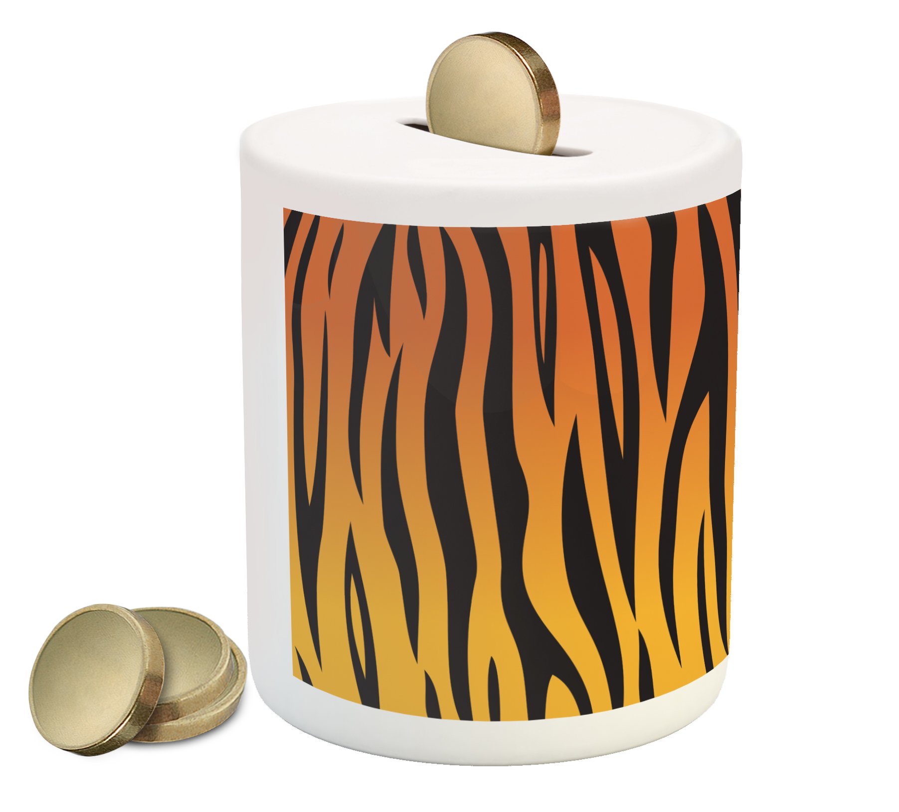 Lunarable Ceramic Piggy Bank with Tiger Skin Print - Animal Print Coin Bank for Cash Saving, Orange & Black Striped Design | Perfect for Kids' Savings, Birthday Gifts & Home Decor
