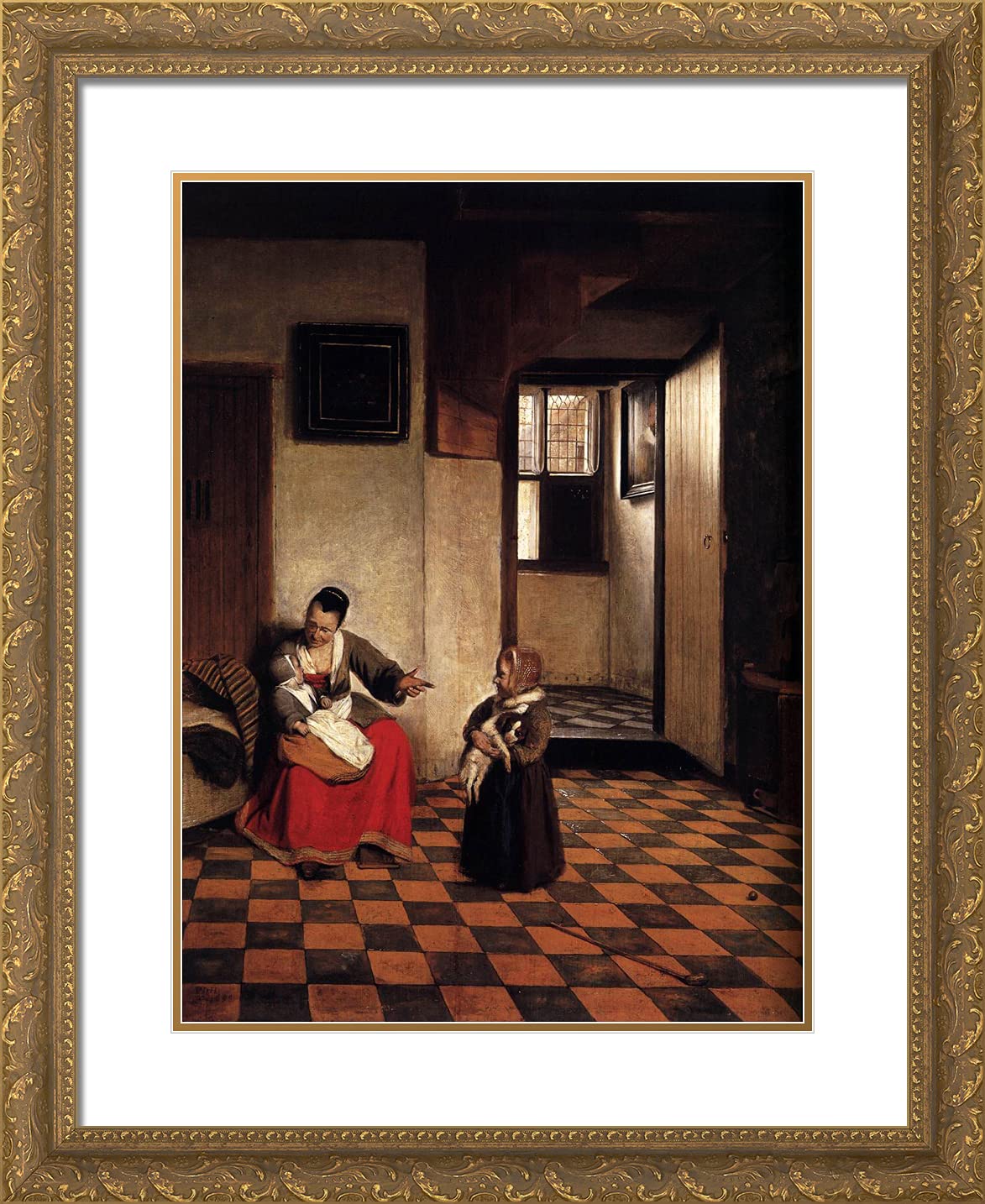 Pieter de Hooch Framed Art Print - 'A Woman With a Baby in Her Lap and a Small Child' | 20x24 Inch Gold Ornate Frame with Double Matting | Perfect for Living Room, Bedroom, or Office Decor