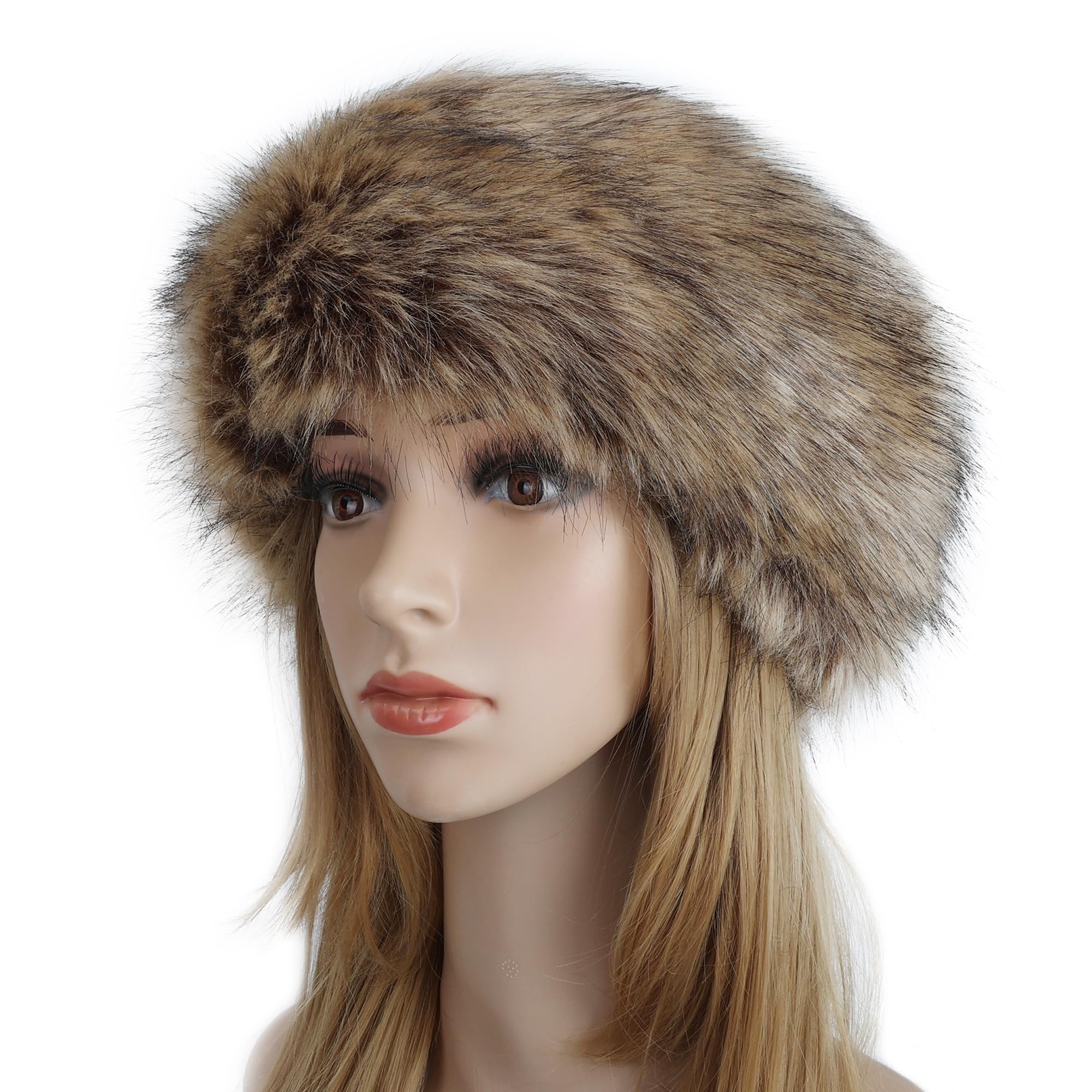 Women's Winter Fluffy Faux Fur Headband - Soft Ear Warmer Head Wrap for Cold Weather - Natural Color Headband for Outdoor Activities, Skiing & Snowboarding