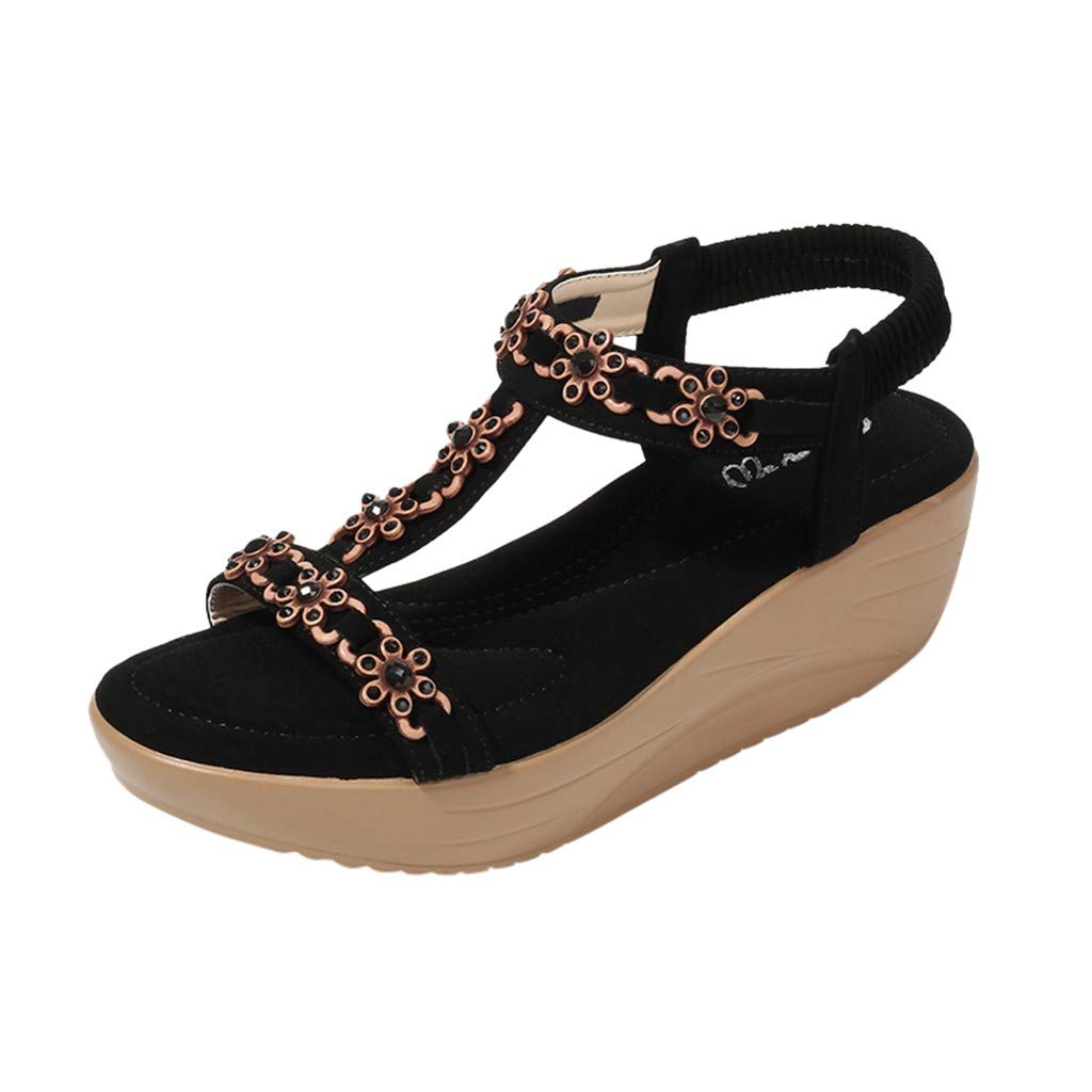 Women's Black Wedge Sandals with Flower Rhinestone Design - Comfortable Platform Summer Sling Sandals for Beach, Boho & Casual Outfits | Plus Size Available