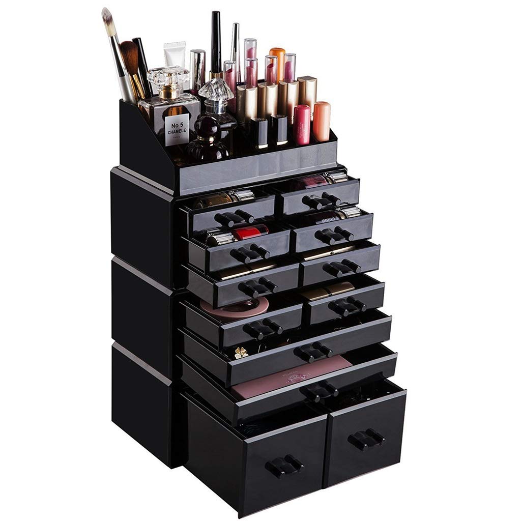 4-Piece Transparent Plastic Makeup Organizer Set - Adjustable Cosmetic & Jewelry Storage Display Box with Brush Holder & 12 Drawers | Perfect for Vanity, Bathroom & Travel Organization (Black)