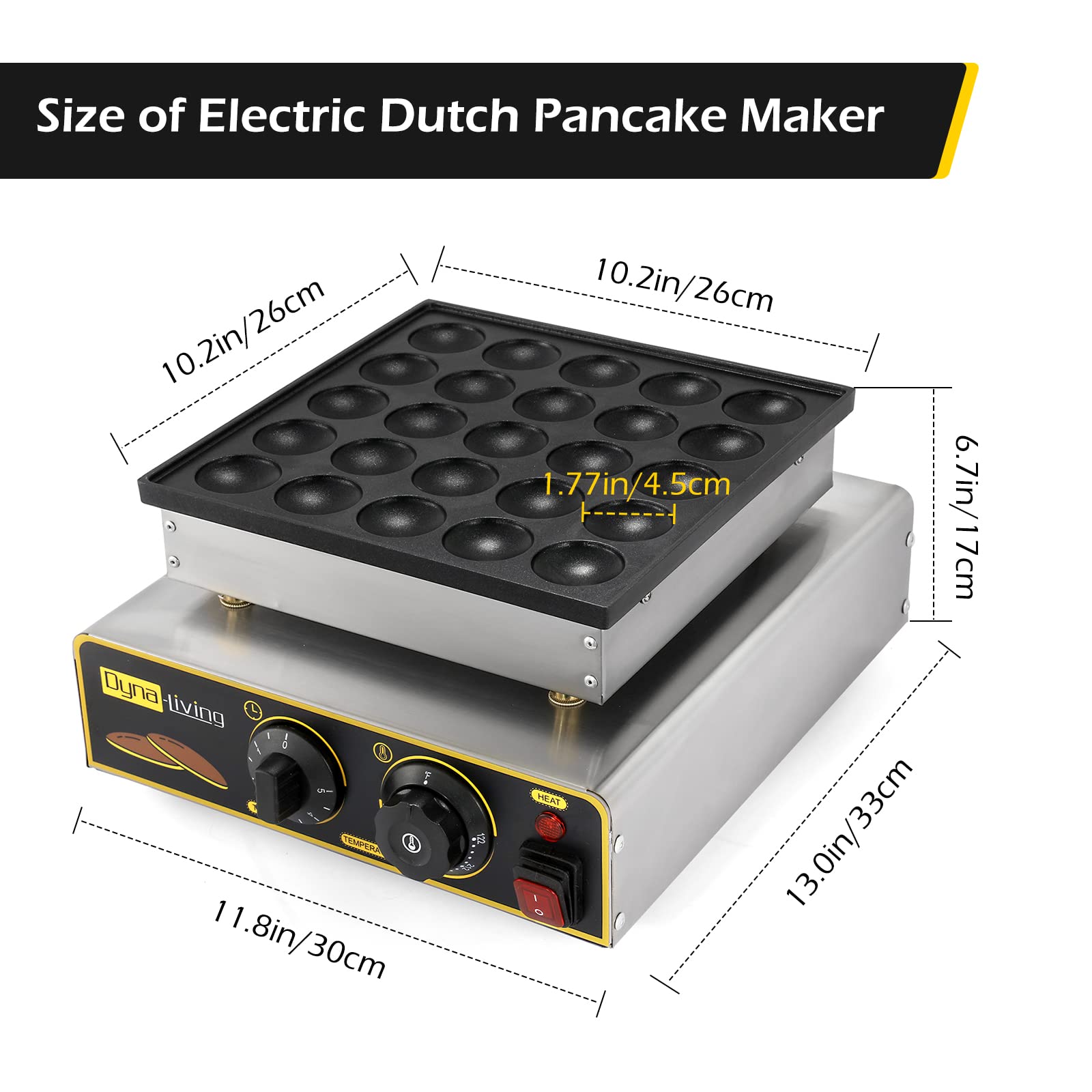 Dyna-Living Mini Pancake Maker Machine - 950W Electric Dutch Pancake Maker with Non-Stick Coating (25PCS) - Perfect for Home, Cafe & Commercial Use - Make Mini Pancakes, Dutch Pancakes & Dorayaki Easily
