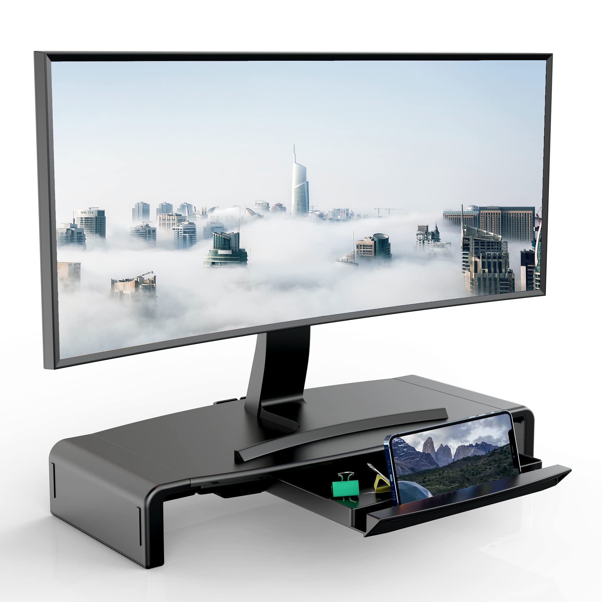 Foldable Monitor Stand Riser with Adjustable Length & Organizer Drawer - Black EURPMASK Laptop Desk Organizer for PC, TV, Speaker Setup | Ideal for Home Office & Gaming Stations