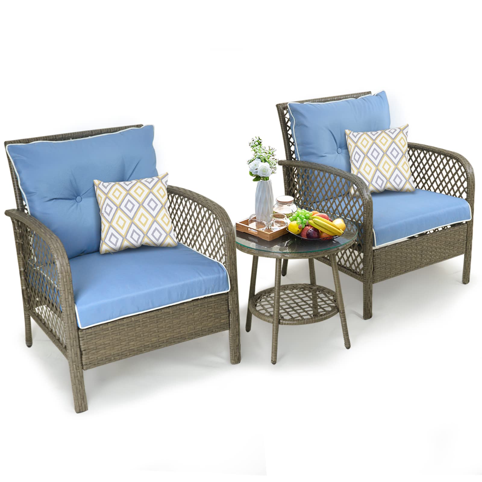 Auzfy 3-Piece Outdoor Patio Chair Set - Wicker Bistro Conversation Set with Side Table & 2 Pillows, Blue Cushion - Perfect for Sunroom, Garden, Balcony, Porch & Backyard Relaxation