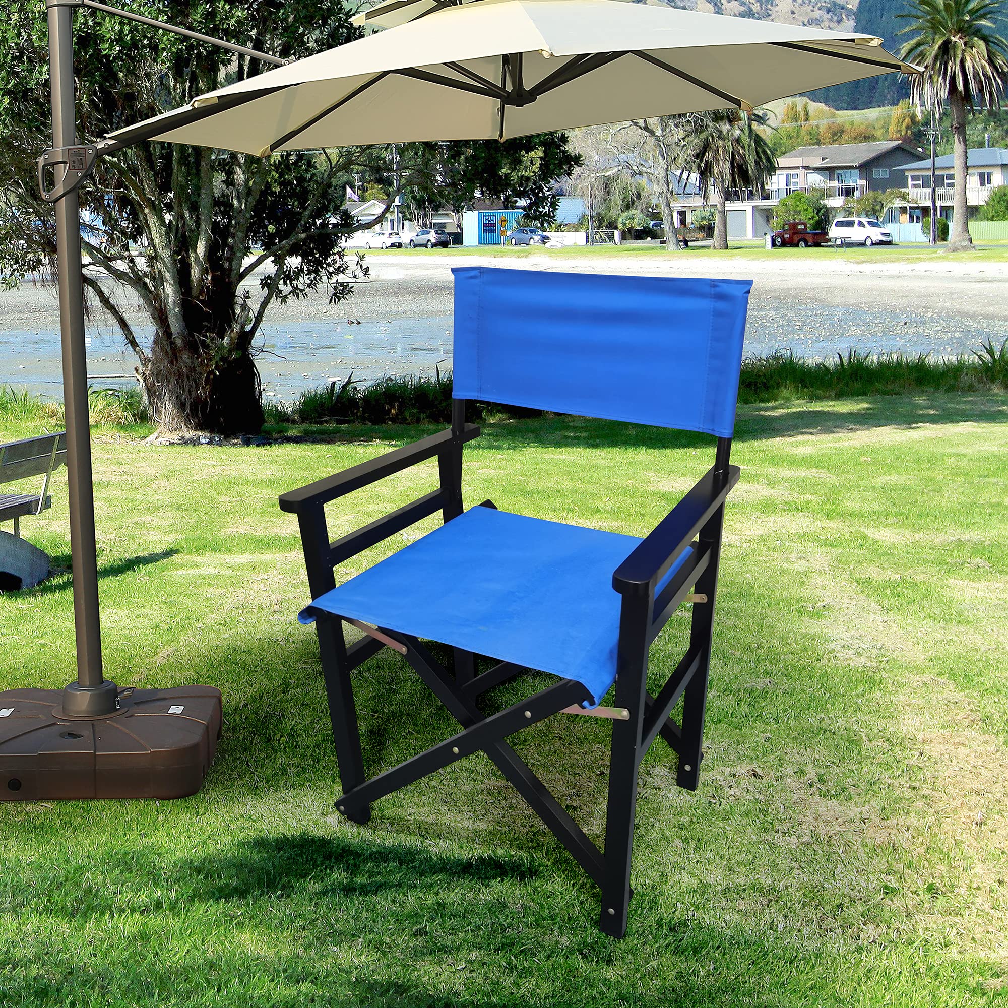 2-Pack Portable Folding Director Chairs - Wooden Frame with Durable Canvas Seat - Lightweight Camping Chairs for Outdoor, Patio, Garden, Fishing & Indoor Use - Easy Fold Design (Blue) - Perfect for BBQs, Beach Trips, Tailgating & Backyard Relaxation