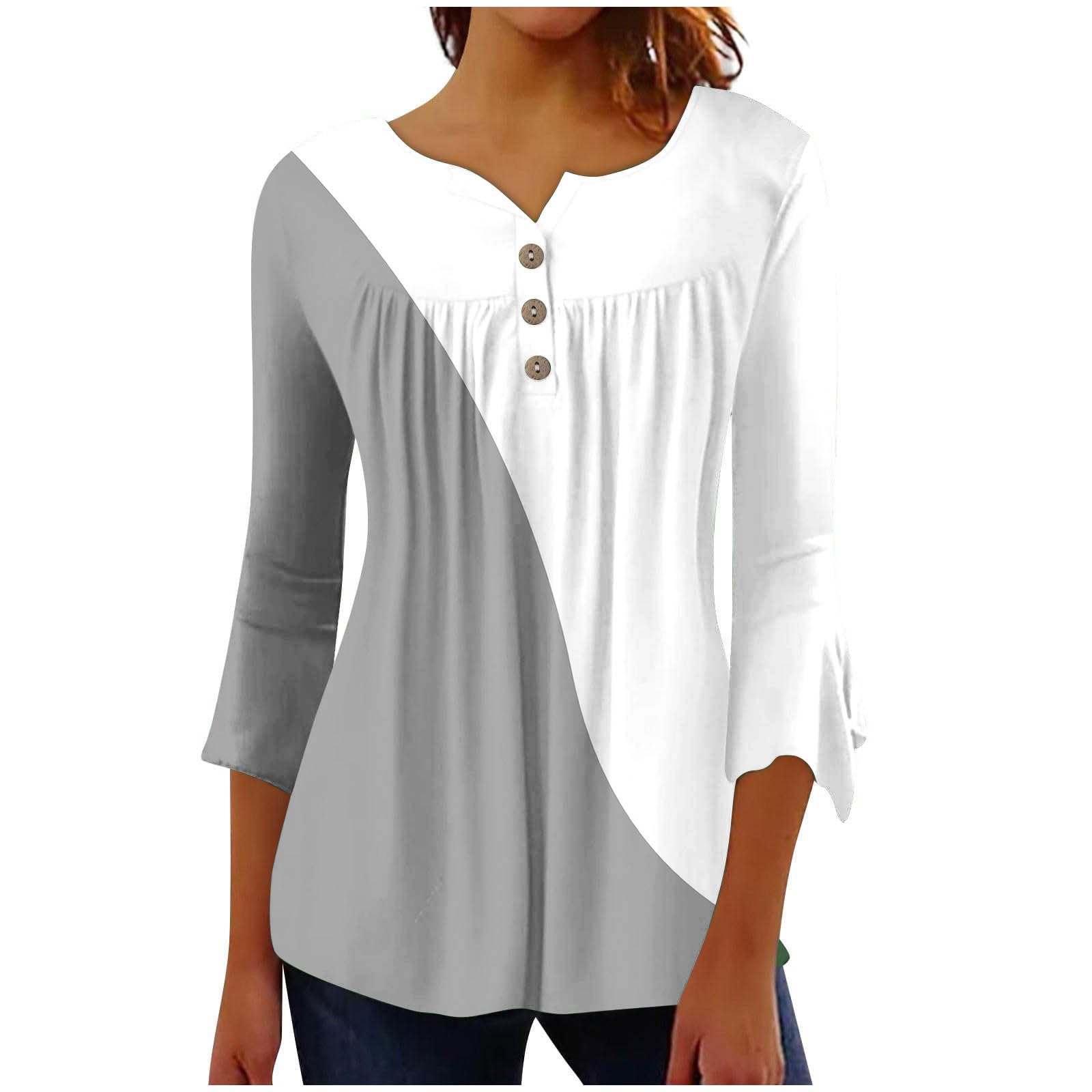 Women's 3/4 Sleeve Button Down Blouse - Color Block Striped Tunic Top for Spring & Summer | Hide Belly Shirt for Work, Casual & Travel | Flattering Tee for Everyday Wear