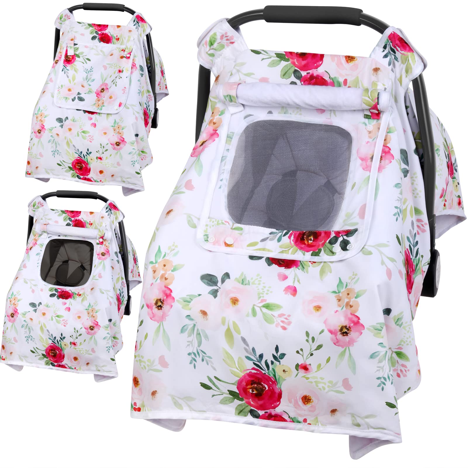 Breathable Baby Car Seat Cover with 3-Layer Peekaboo Windows - Windproof Infant Car Seat Canopy & Stroller Cover - Kick-Proof Carrier Protection for Boys & Girls - Perfect Newborn Shower Gift (Flower Pattern) - Ideal for Travel, Shopping & Outdoor Adventures