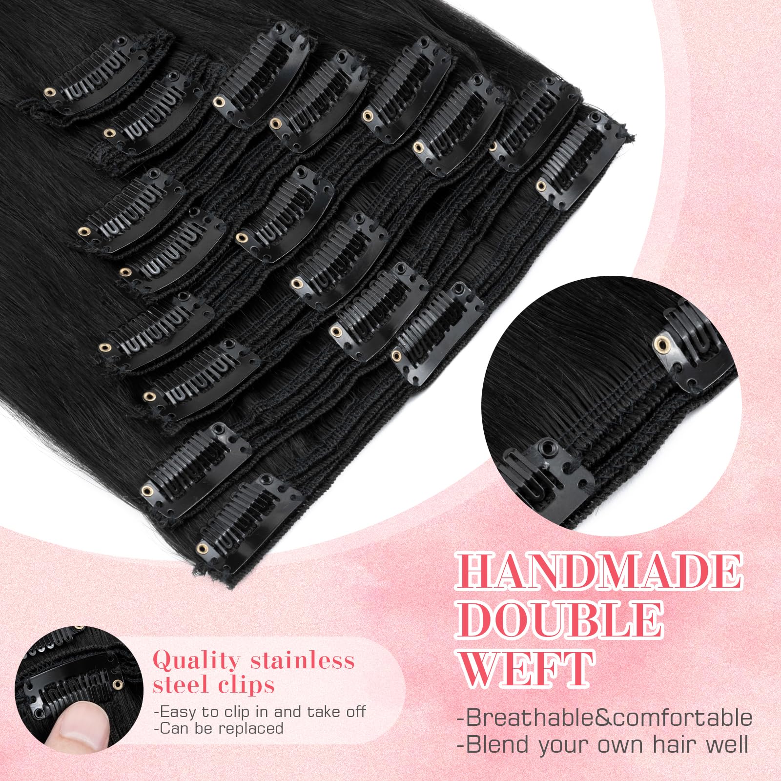 S-noilite Clip in Hair Extensions 18 Inch 8pcs - 100% Real Human Hair, Jet Black, Double Weft, Straight Style (140g) - Perfect for Volume, Length & Styling for Parties, Weddings & Daily Wear #1