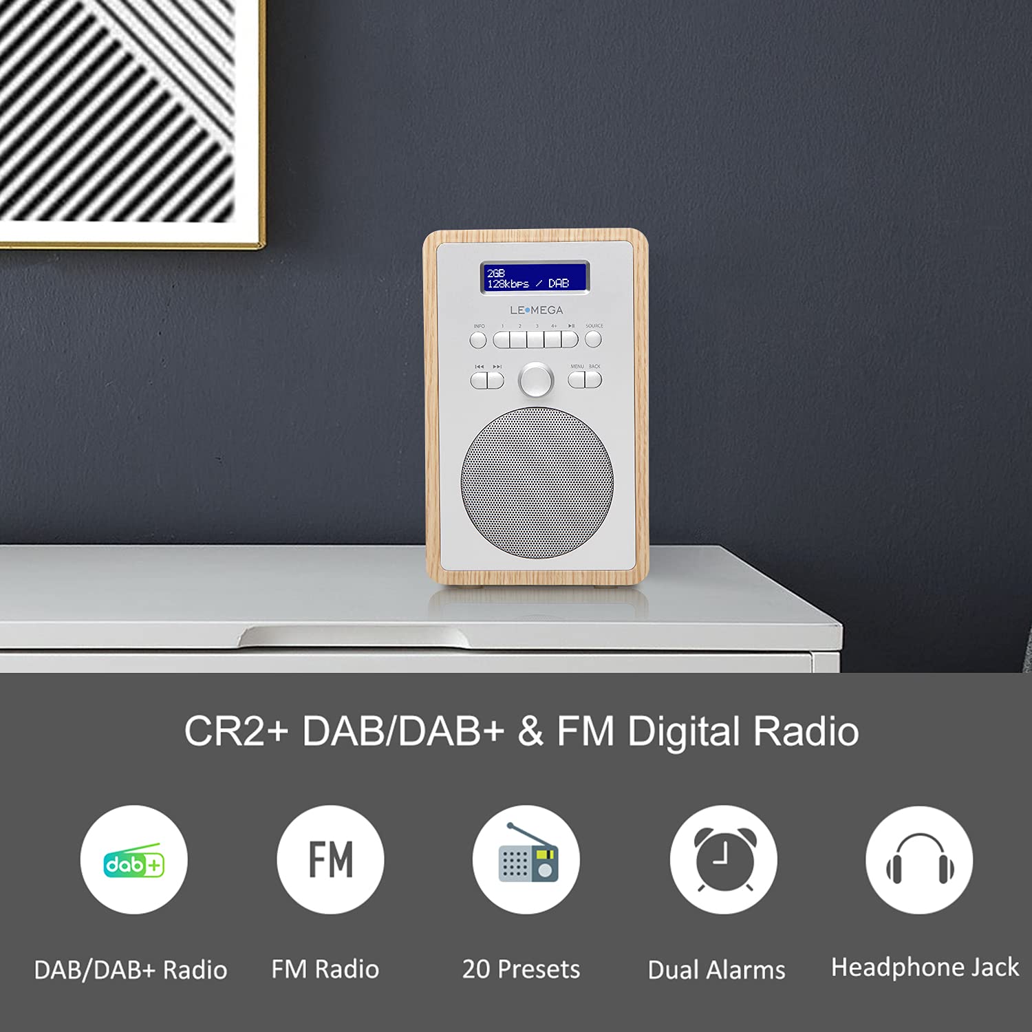 LEMEGA CR2+ DAB/DAB+ Digital Radio with FM, Small Portable DAB Radio with Mains Power, Dual Alarm Clock, Sleep Timer & 20 Preset Stations - White Oak Wood Effect Finish for Kitchen, Bedroom & Office Use