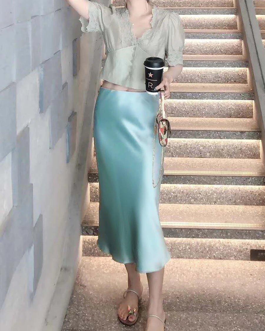Elegant Silk Midi Skirts for Women - Stretchy Elastic Waistband, Flowy A-Line Design - Perfect for Office Wear, Date Nights & Special Occasions