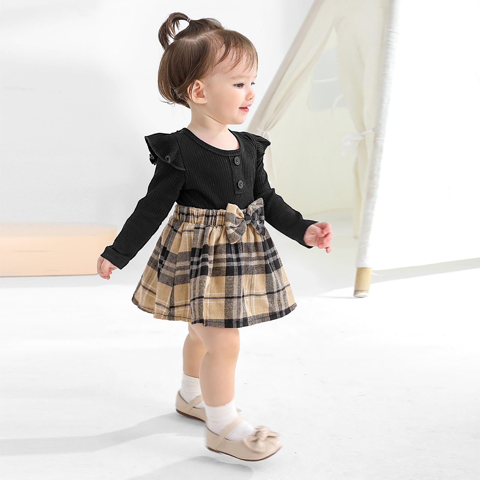 Adorable Baby Girl Fall Winter Outfit - Newborn Infant Ruffle Romper Dress with Headband | Cute 0-18 Months Baby Clothes | Perfect for Holiday Photos, Birthday Parties & Family Gatherings
