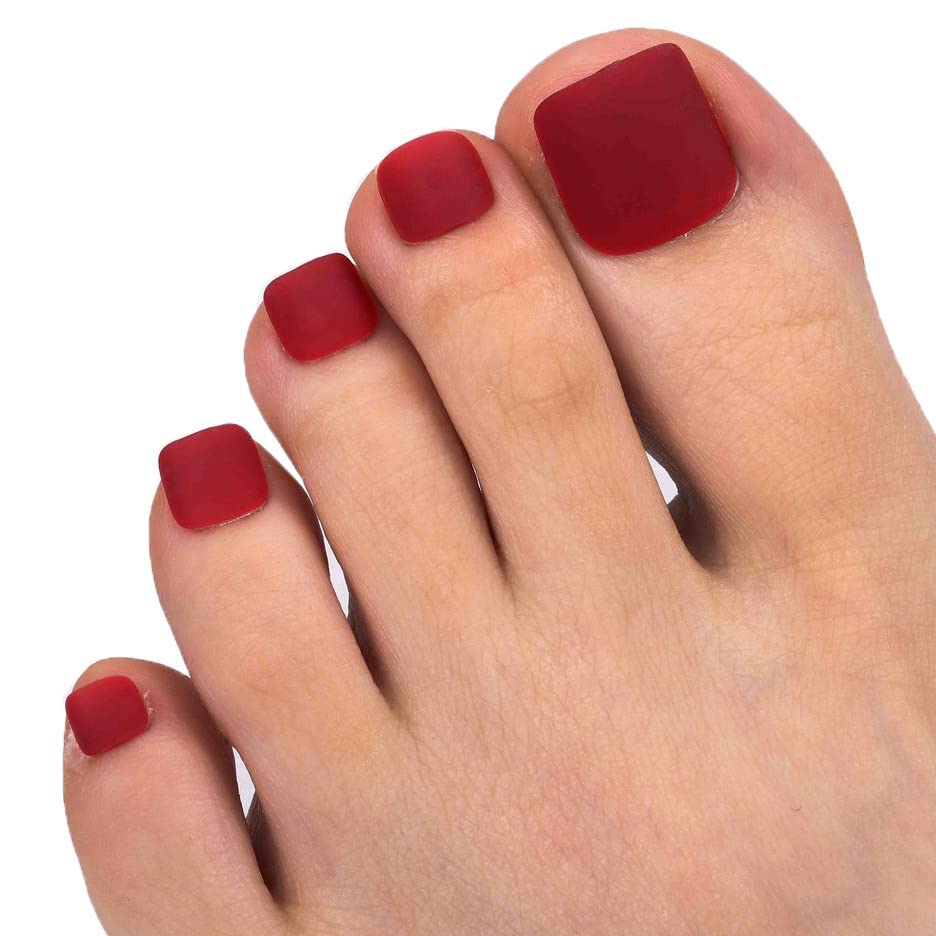 Red Square Matte Press-On Toenails - Full Cover Artificial Fake Stick-On Nails for Women & Girls | Perfect for Pedicures, Parties, and Everyday Wear