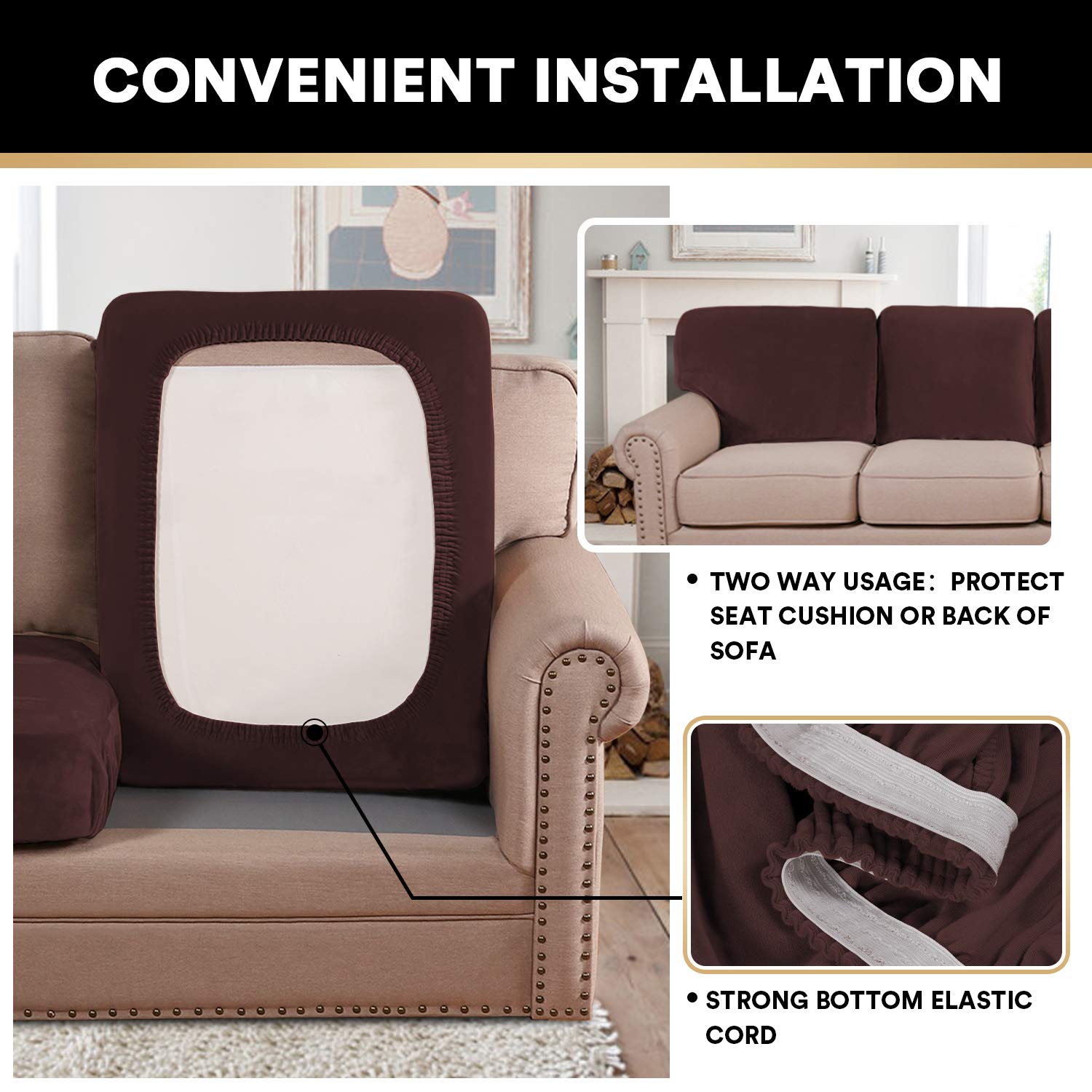 PrinceDeco 2-Piece Velvet Stretch Sofa Cushion Covers - Brown Pet-Friendly Furniture Protectors | Non-Slip, Machine Washable Sofa Slipcovers for Living Room, Bedroom & Home Decor