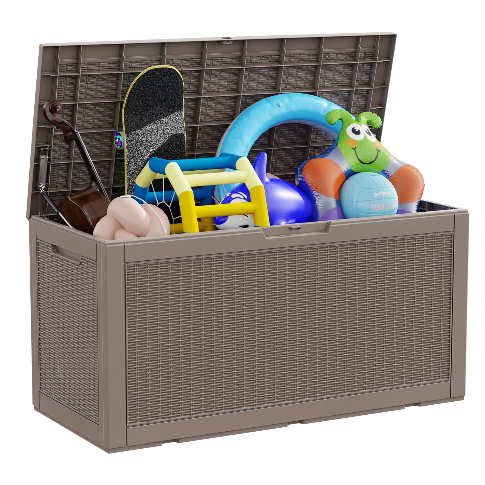 ROJIK 100 Gallon Outdoor Storage Deck Box - Waterproof Patio Furniture Cover, Garden Tools Organizer, Pool Accessories & Cushions Storage Bench with Lockable Lid & Side Handles (Cappuccino) - Perfect for Backyard, Deck, Poolside & Garden Organization