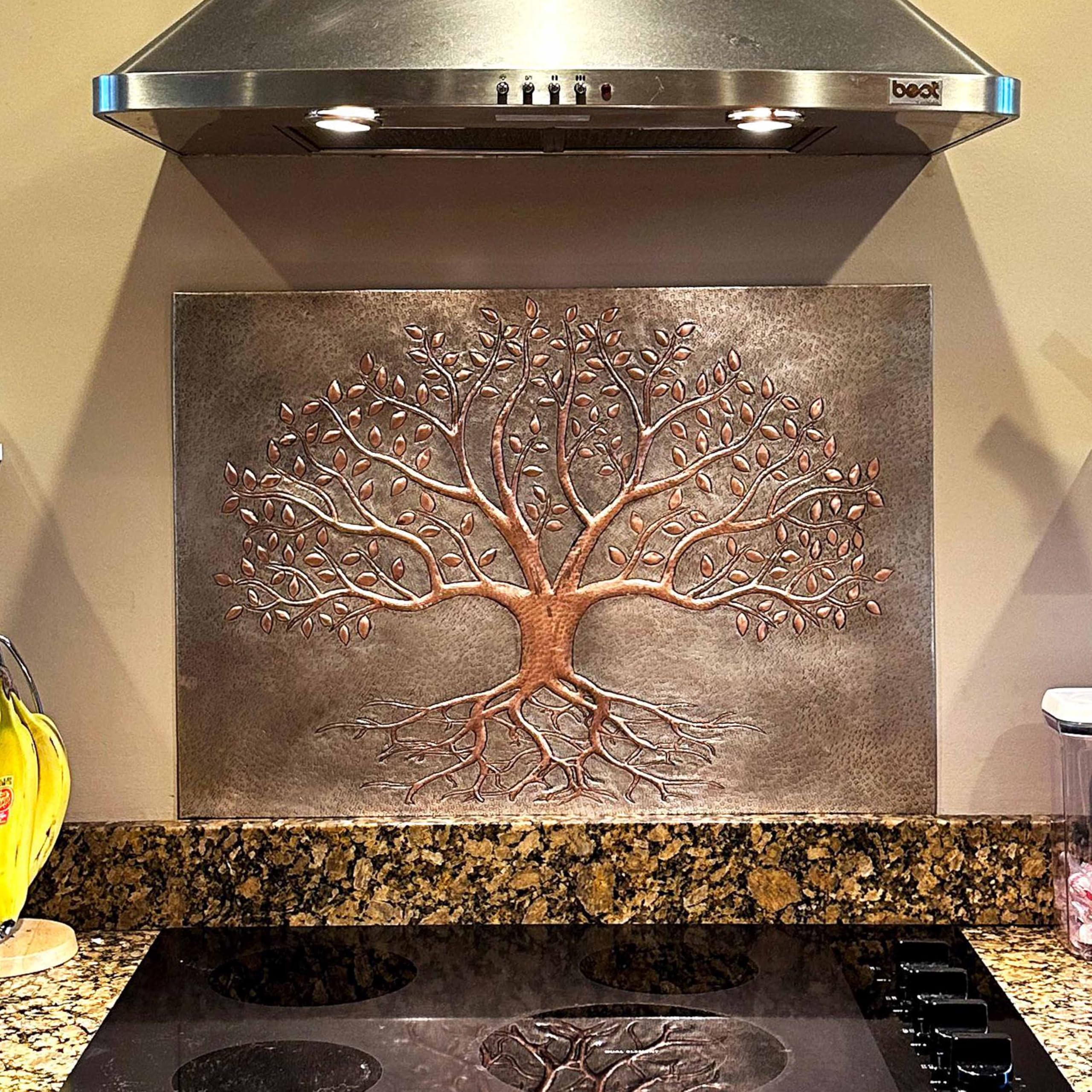 Handmade Copper Kitchen Backsplash Tiles - Tree of Life Design with Roots, Custom Stove Splashback Panel for Indoor & Outdoor Wall Decor (Gray & Copper) | Perfect for Farmhouse, Rustic, and Modern Kitchen Renovations