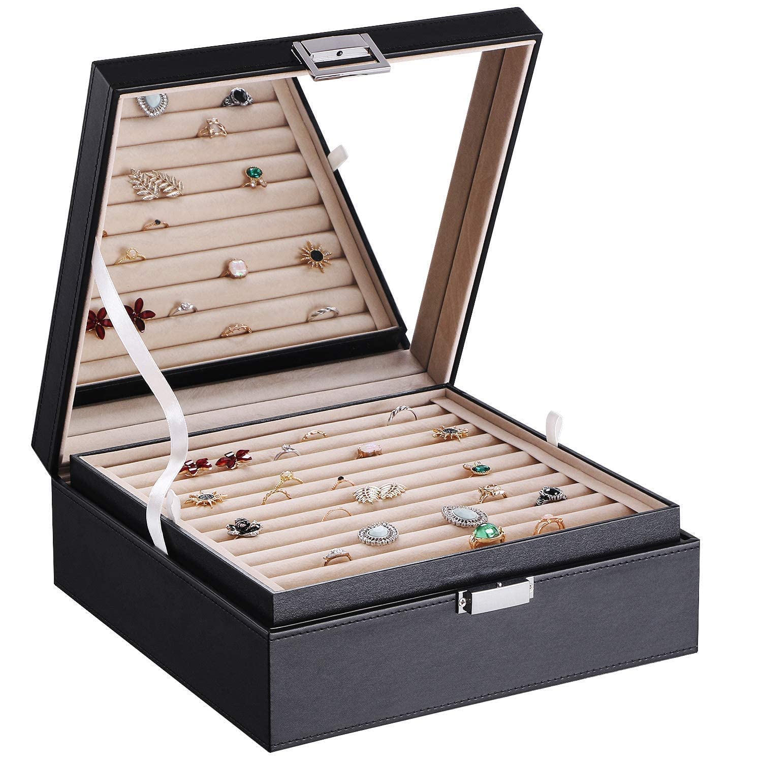 BEWISHOME Jewelry Box Organizer with 4 Watch Case, Removable Tray, Ring & Earring Holder - Perfect for Travel, Gift Giving & Jewelry Storage Organization