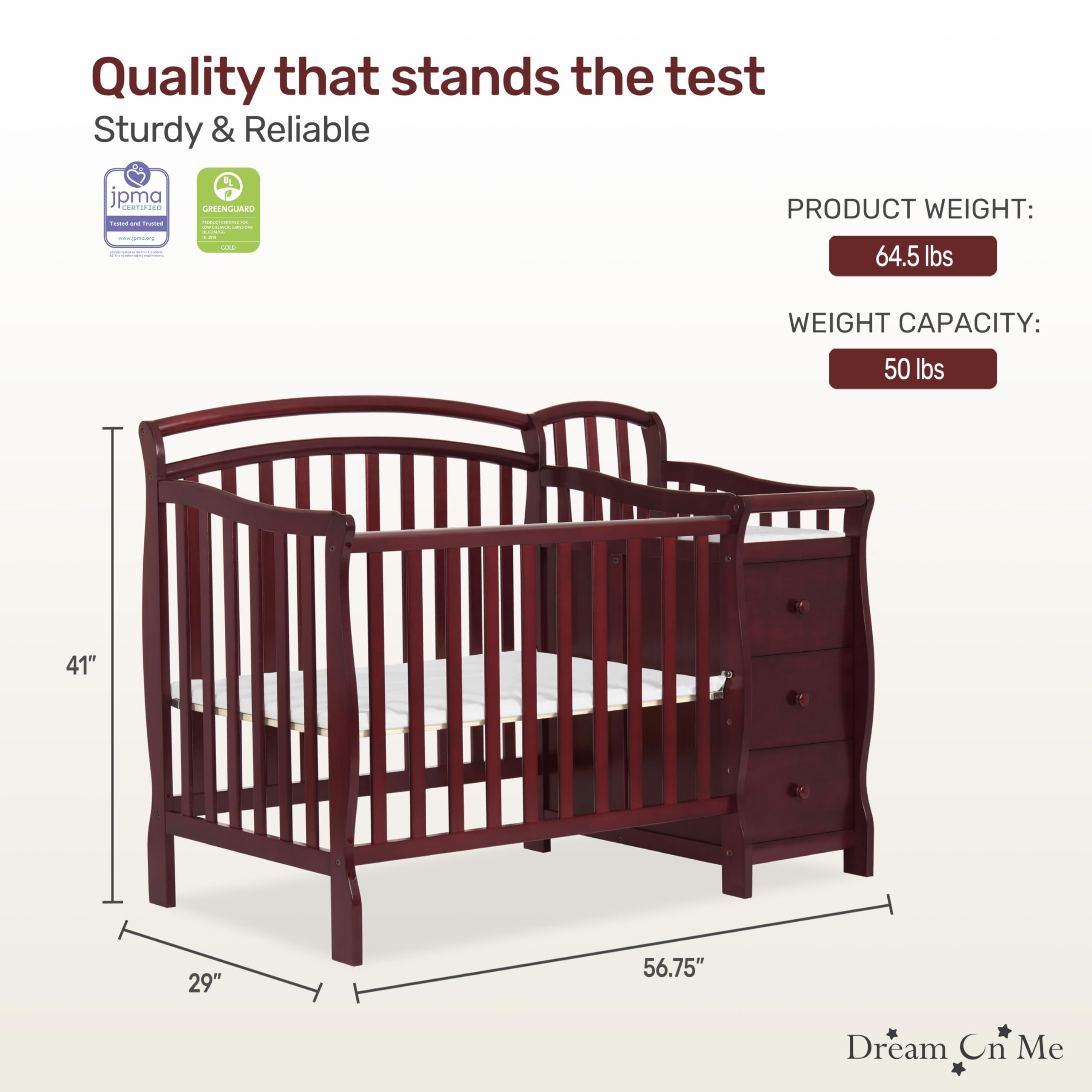 Dream On Me Casco 3-in-1 Convertible Mini Crib with Changing Table - Cherry Finish Pinewood Baby Crib with 3 Adjustable Mattress Heights | Nursery, Bedroom & Small Space Solution