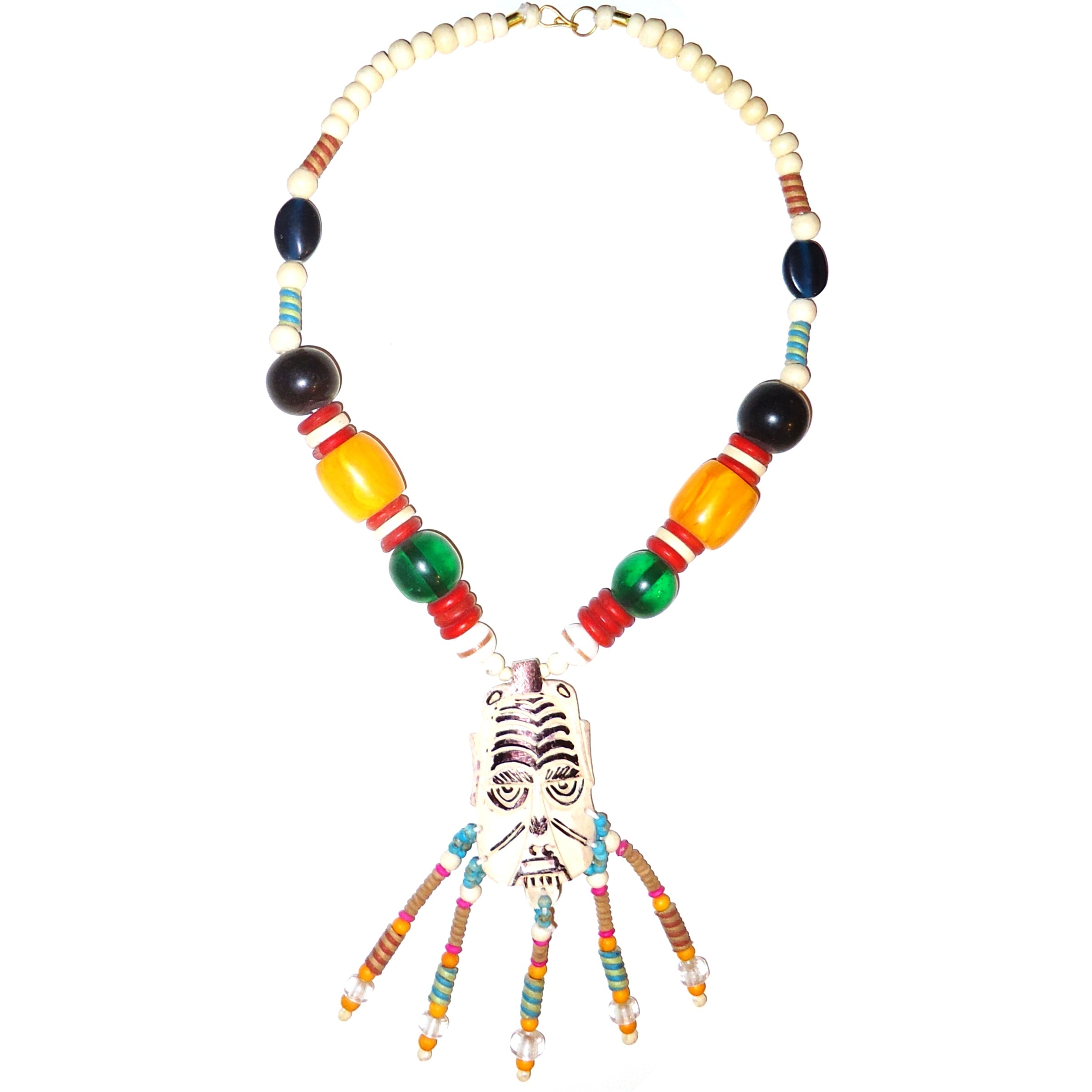 Handmade Multi Bead Necklace with Carved Mask Pendant - Boho Chic Jewelry for Women, Perfect for Festivals, Parties and Everyday Wear