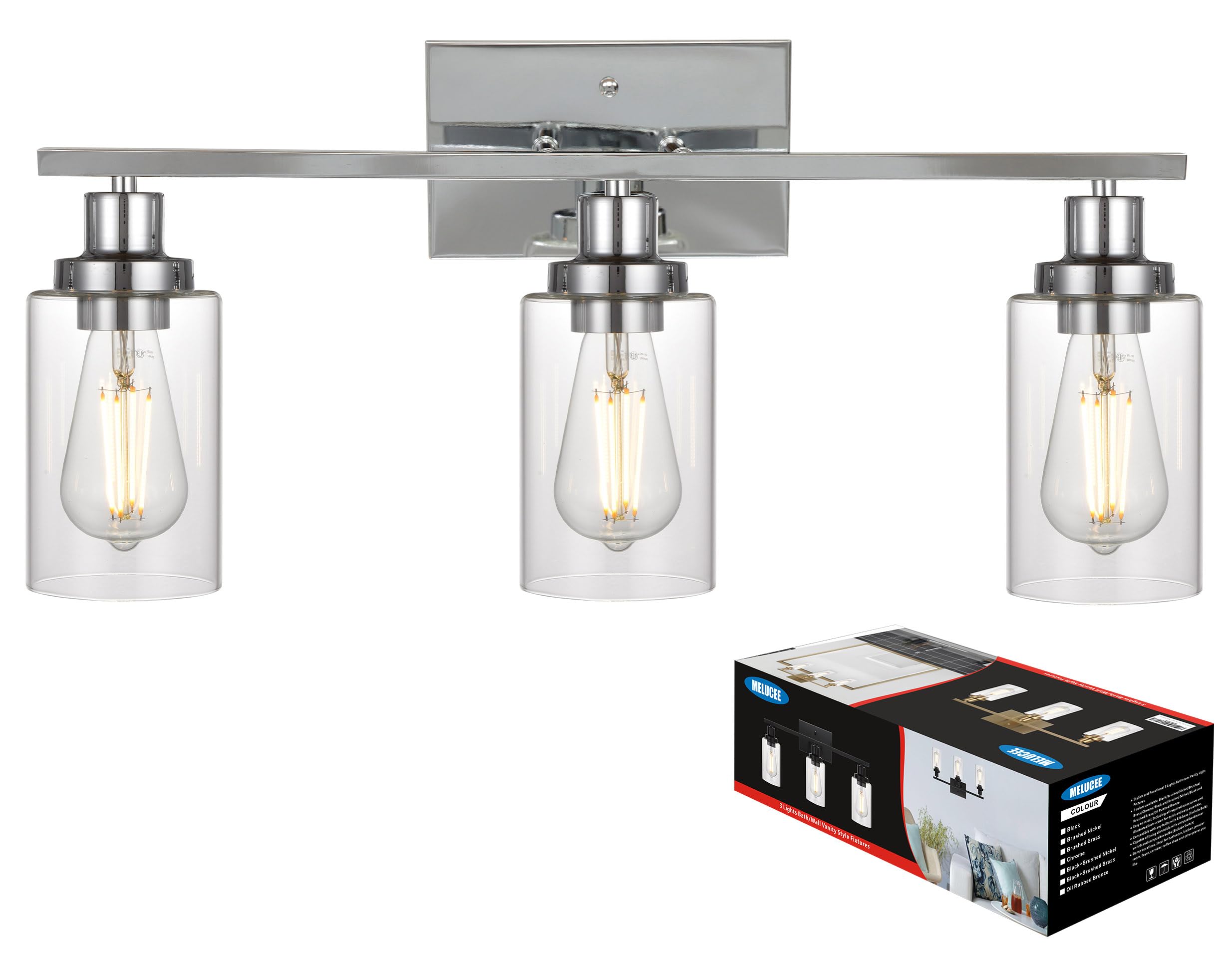Modern Chrome Bathroom Vanity Light Fixture - 3-Light Contemporary Wall Sconce with Clear Glass Shade for Bathroom, Hallway, Kitchen & Bedroom Lighting (Patent: US D963914 S) | Perfect for Vanity Mirror Lighting, Entryway Decor & Modern Home Illumination
