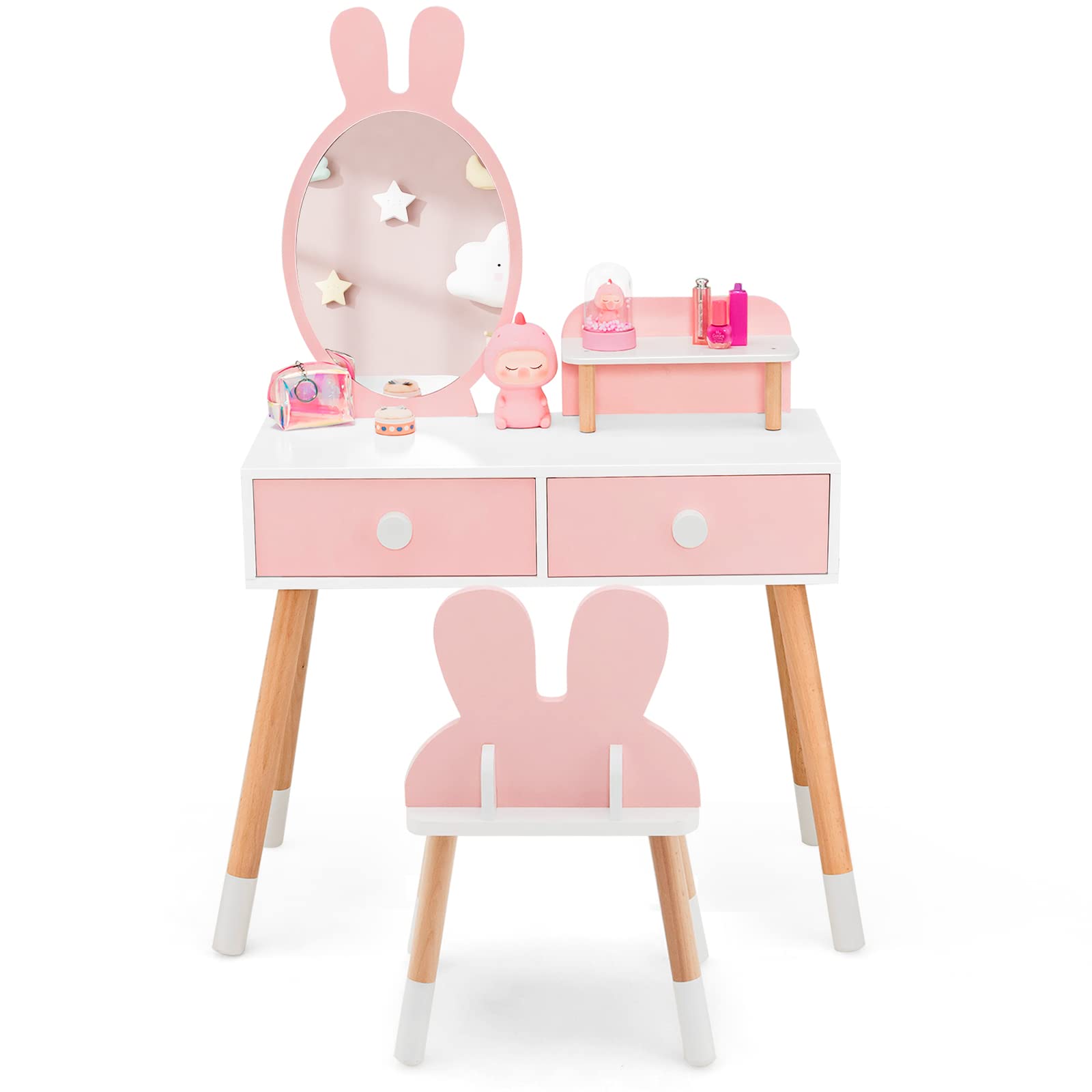 Costzon Pink Wooden Princess Vanity Set for Girls with Mirror, Stool & Storage - Kids Makeup Dressing Table with 2 Large Drawers & Shelf - Pretend Play Toy for Toddlers (Perfect for Birthday Gifts & Bedroom Decor)