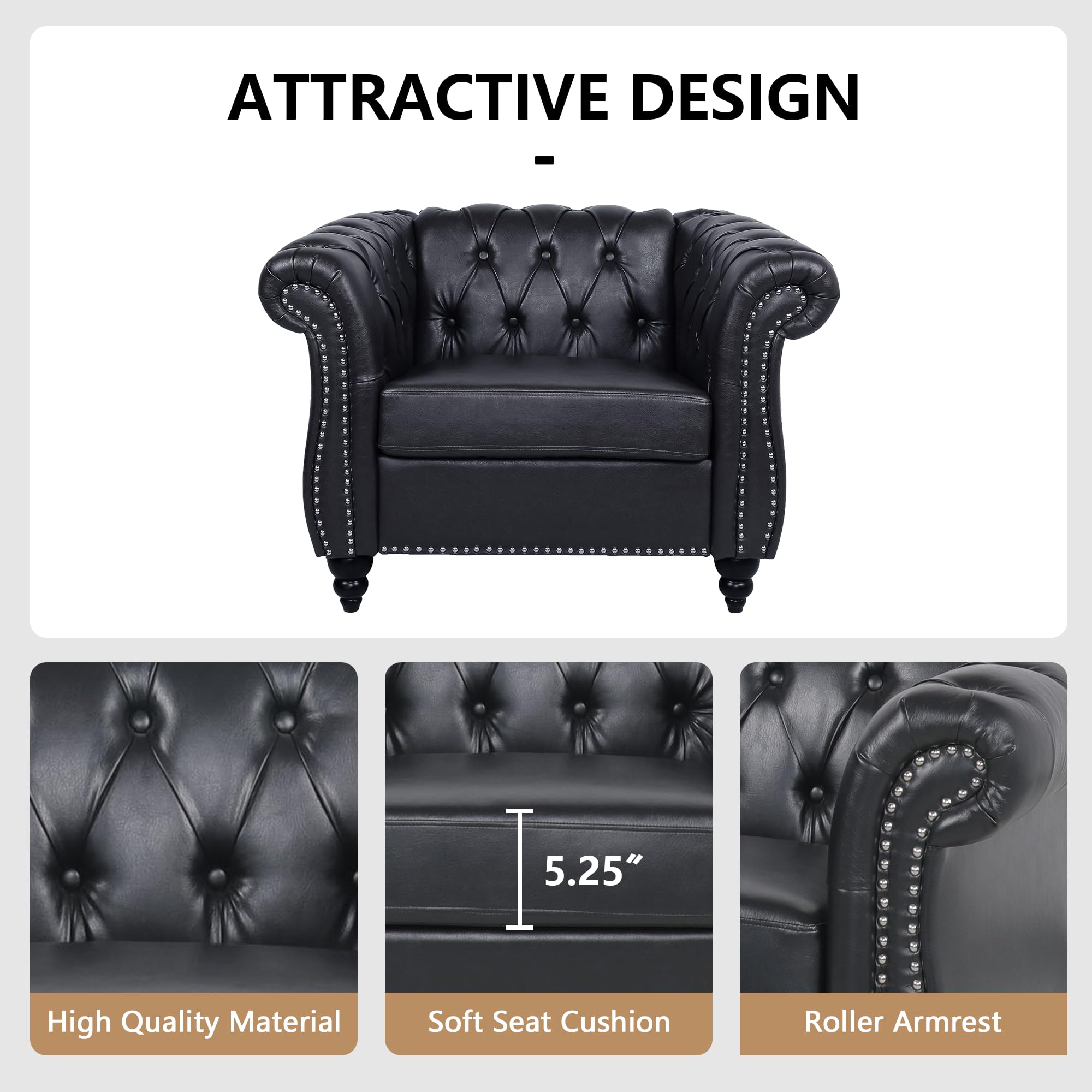 QHITTY Chesterfield Accent Chair - Modern Tufted Leather Upholstered Living Room Chair for Home Office & Lounge (Black) - Perfect for Reading Nooks, Living Rooms & Cozy Spaces